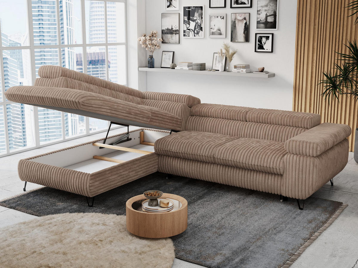 ECKSOFA PETER L Braun Cord - Links Seite - Schwarz/Braun, Textil/Metall (208/273cm) - MKS