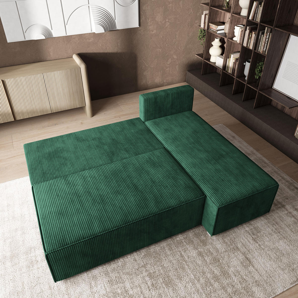 ROHOVÁ SEDAČKA BRISO tmavě zelená - šedá/tmavě zelená, dřevo/textil (200/140cm) - MASSENO