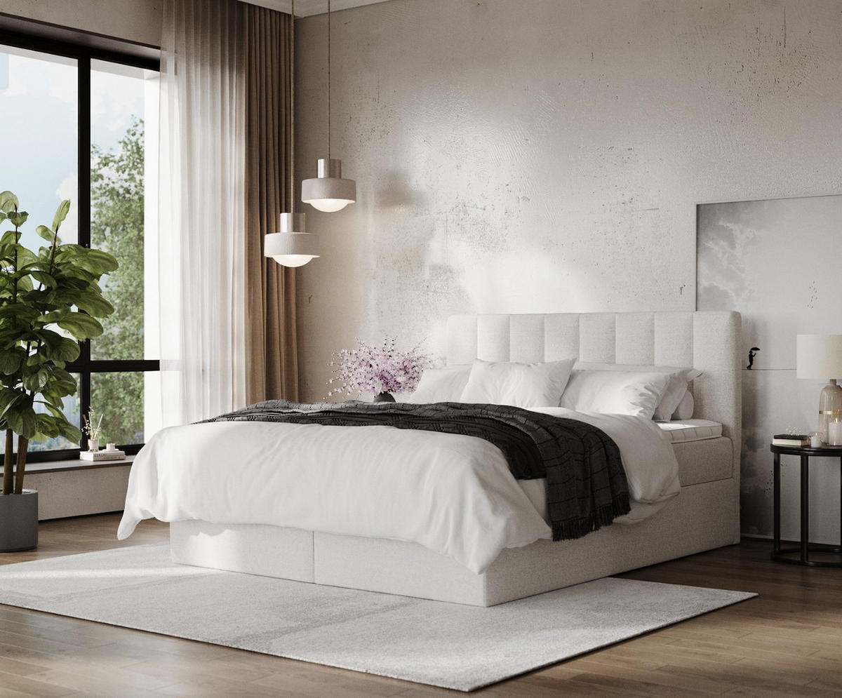 BOXBETT Lusso 140/200 cm Hellbeige im Riva Stoff - Sandfarben/Schwarz, Holz/Holzwerkstoff (140/200cm) - AltaBeds