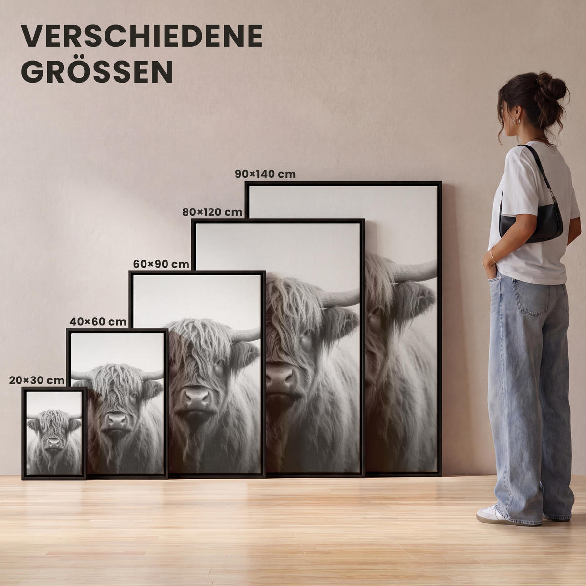 LEINWAND Bilder mit Rahmen - Schottischer Highlander - Nebel - Schwarz - Weiß - 80x120 - Grau, Textil (80/120cm) - MuchoWow