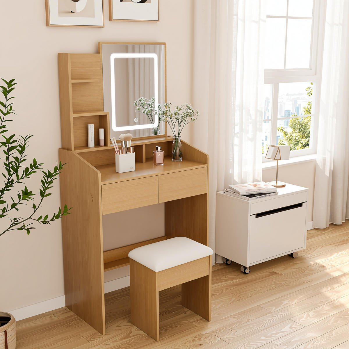 SCHMINKTISCH in Holzoptik 60 cm mit LED-Spiegel, Steckdose und Hocker - Naturfarben, Holzwerkstoff (60/130/36cm) - Urban Meuble