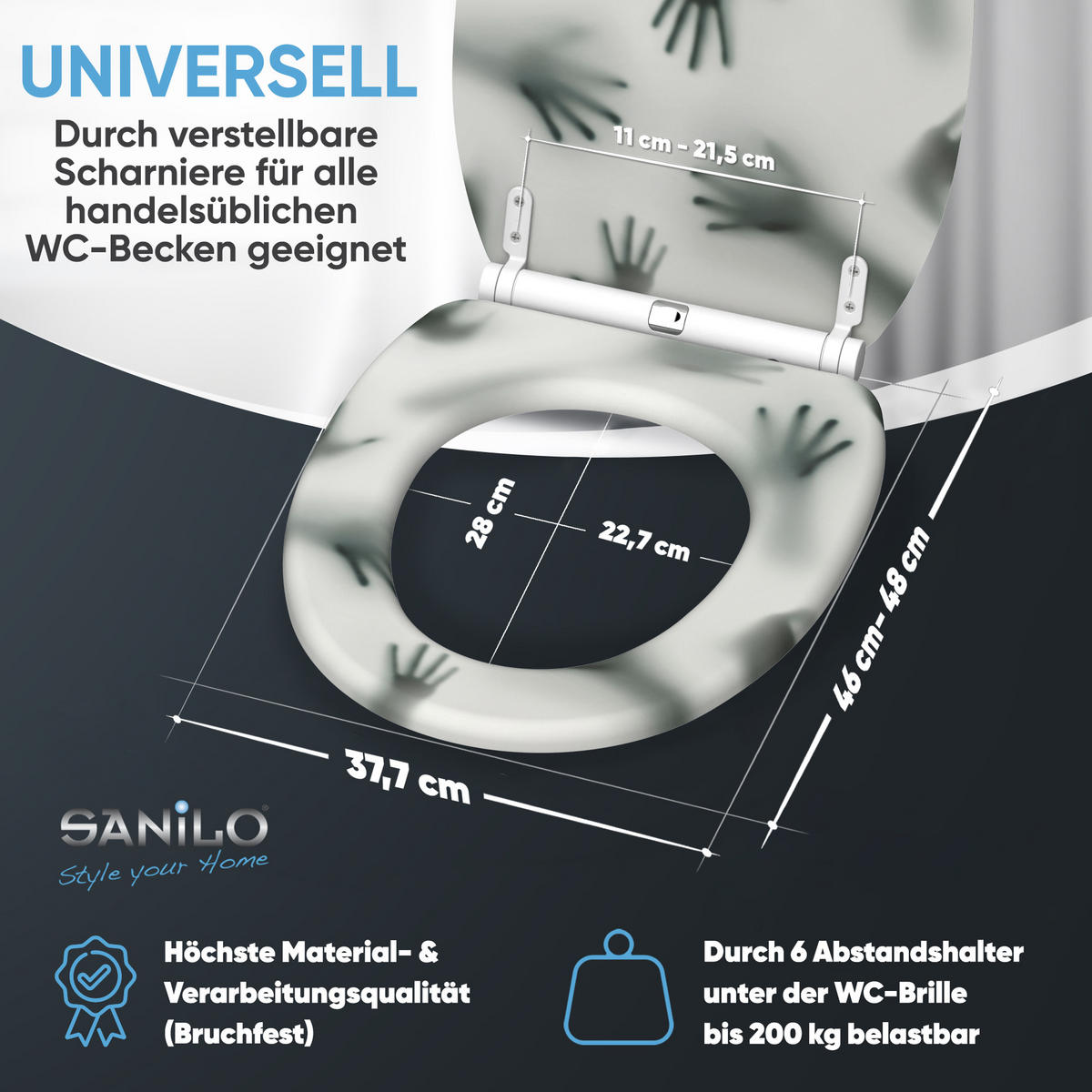 WC-SITZ mit Absenkautomatik & Top Fix Shadow Hands - Grau, Holzwerkstoff (37.7/5.5/48cm) - Sanilo