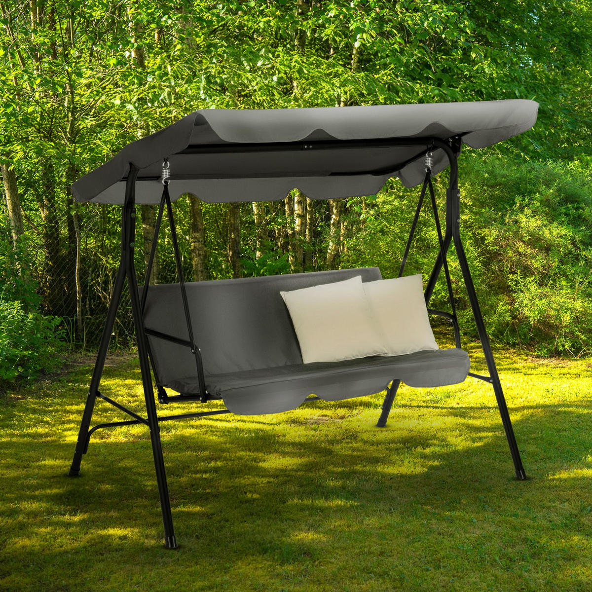 HOLLYWOODSCHAUKEL mit Sonnendach, 170/110/153 cm, 3 Personen, 2 Kissen - Grau, Textil/Metall (170/153/110cm) - Luverno