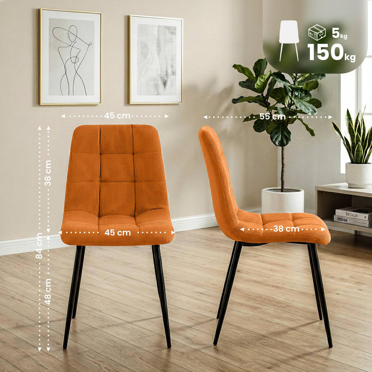 ESSZIMMERSTUHL 2 Cord Orange - Schwarz/Orange, Textil/Metall (45/84/55cm) - CLP
