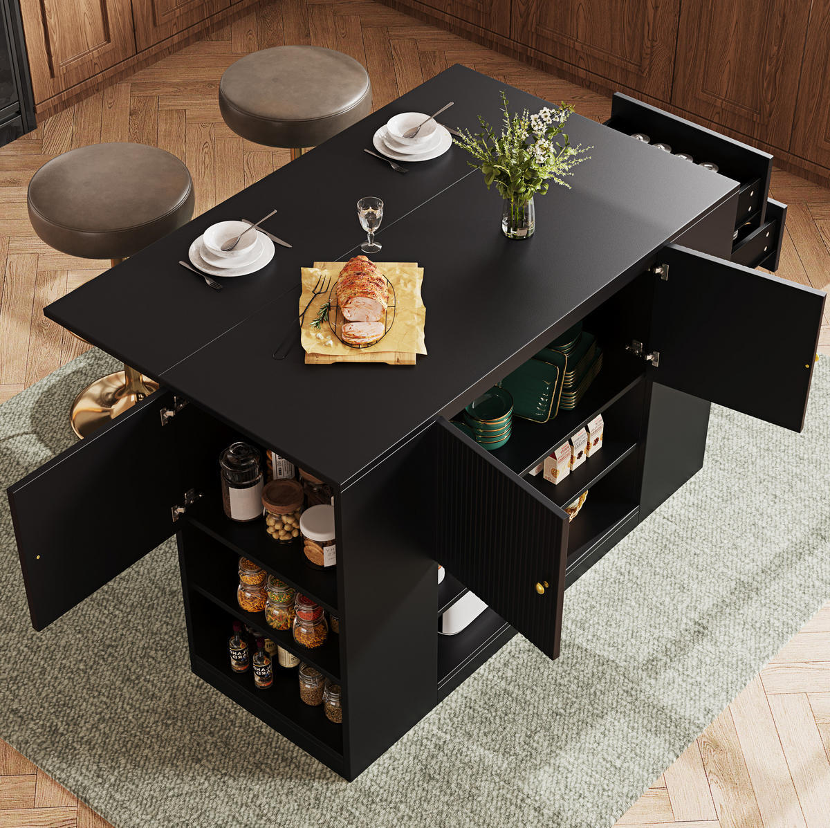 KÜCHENINSEL aus MDF mit Klapptisch & Stauraum, 140/40/90 cm, Schwarz - Schwarz, Holzwerkstoff (40/90/140cm) - Redom