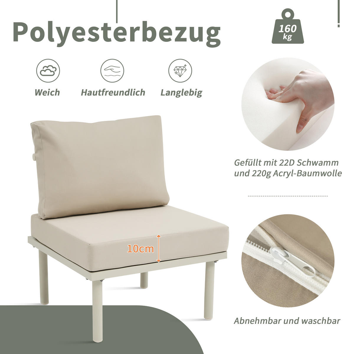 GARTENLOUNGE-SET 6er-Set Gartenmöbel Set Outdoor Sitzgruppe mit Sofa und Glas Tisch - Beige/Schwarz, Textil/Metall - STILVORA