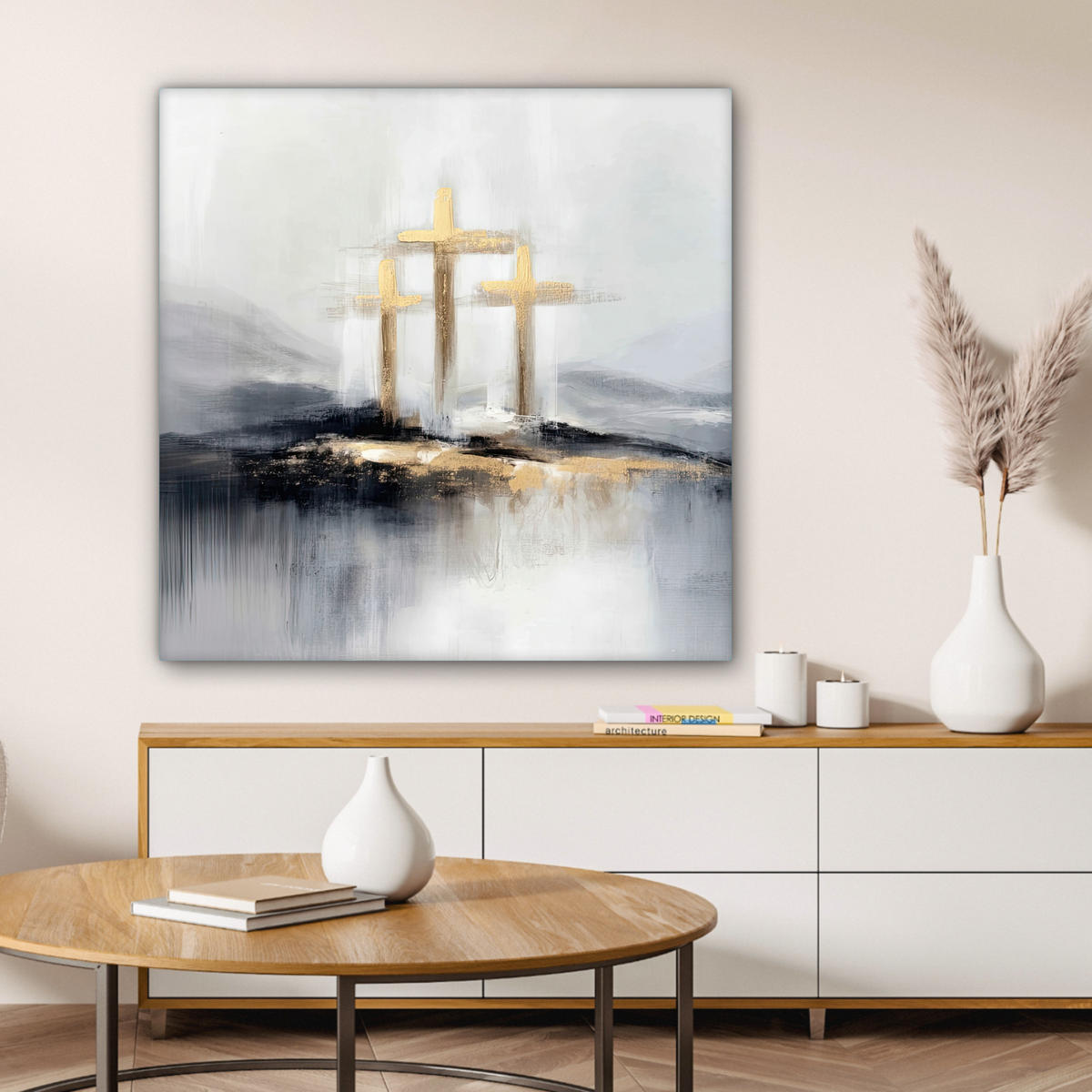 LEINWANDBILD Abstrakt - Malerei - Christentum - Kreuz Deko Groß 90x90 cm - Weiß, Textil (90/90cm) - MuchoWow