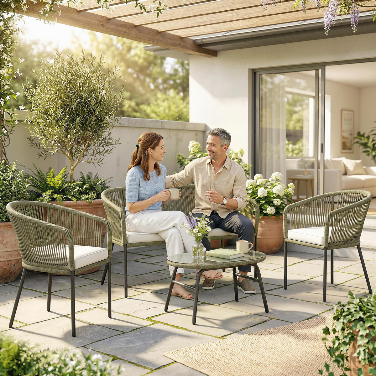 GARTENLOUNGE-SET 4tlg. DE-13725 mit Glastisch und PP-Kordelgeflecht Creme - Creme, Metall - ComfortXL