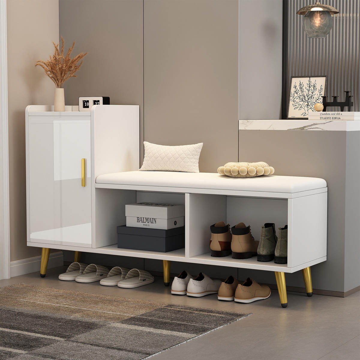 SCHUHSCHRANK 120/35/71,5 cm weiß aus Spanplatte mit Sitzbank - Weiß, Holzwerkstoff (120/71.5/35cm) - OKWISH