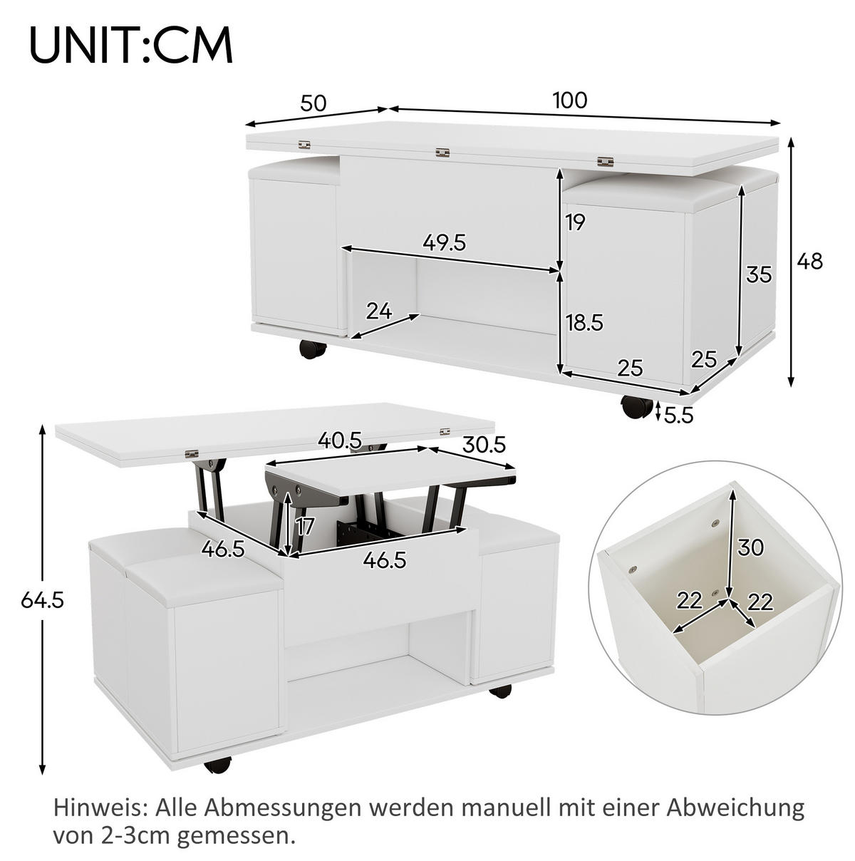 COUCHTISCH 100/100/63,5 cm höhenverstellbar mit Stauraum in Weiß - Weiß, Holzwerkstoff (100/50/48cm) - Flora Grace