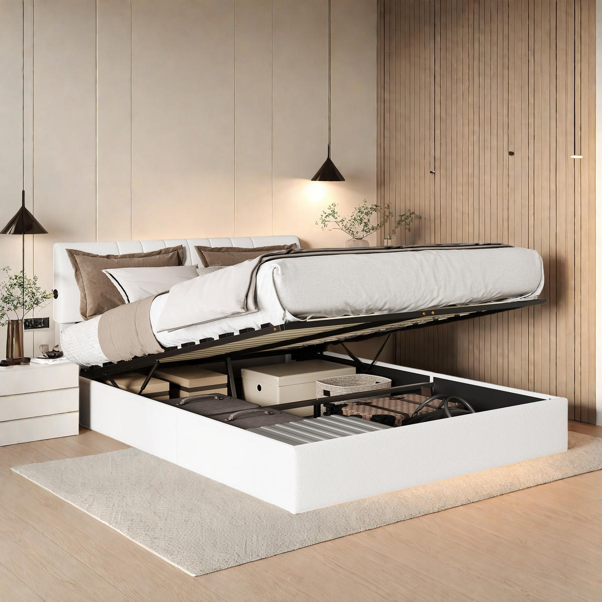 POLSTERBETT 140x190 cm USB Steckdose Hydraulik Stauraum Samt weiß - Beige, Holz (140/190cm) - LEBENLANG