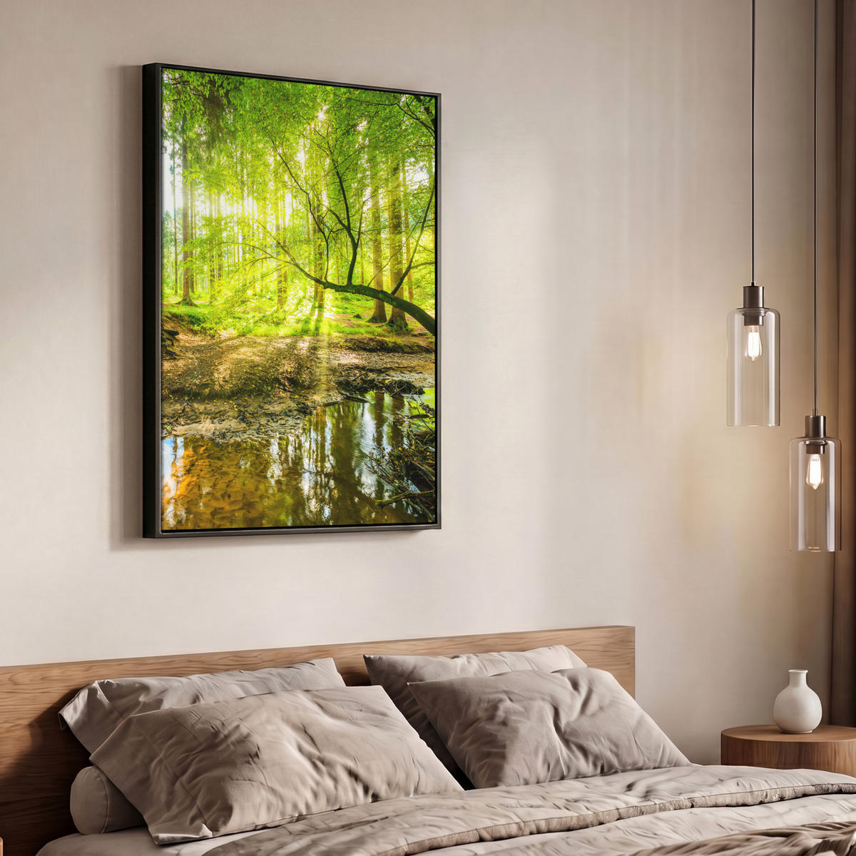 LEINWAND Bilder mit Rahmen - Wald - Landschaft - Wasser - Bäume - Sonne - Grün - Natur - 70x100 - Grün, Textil (70/100cm) - MuchoWow