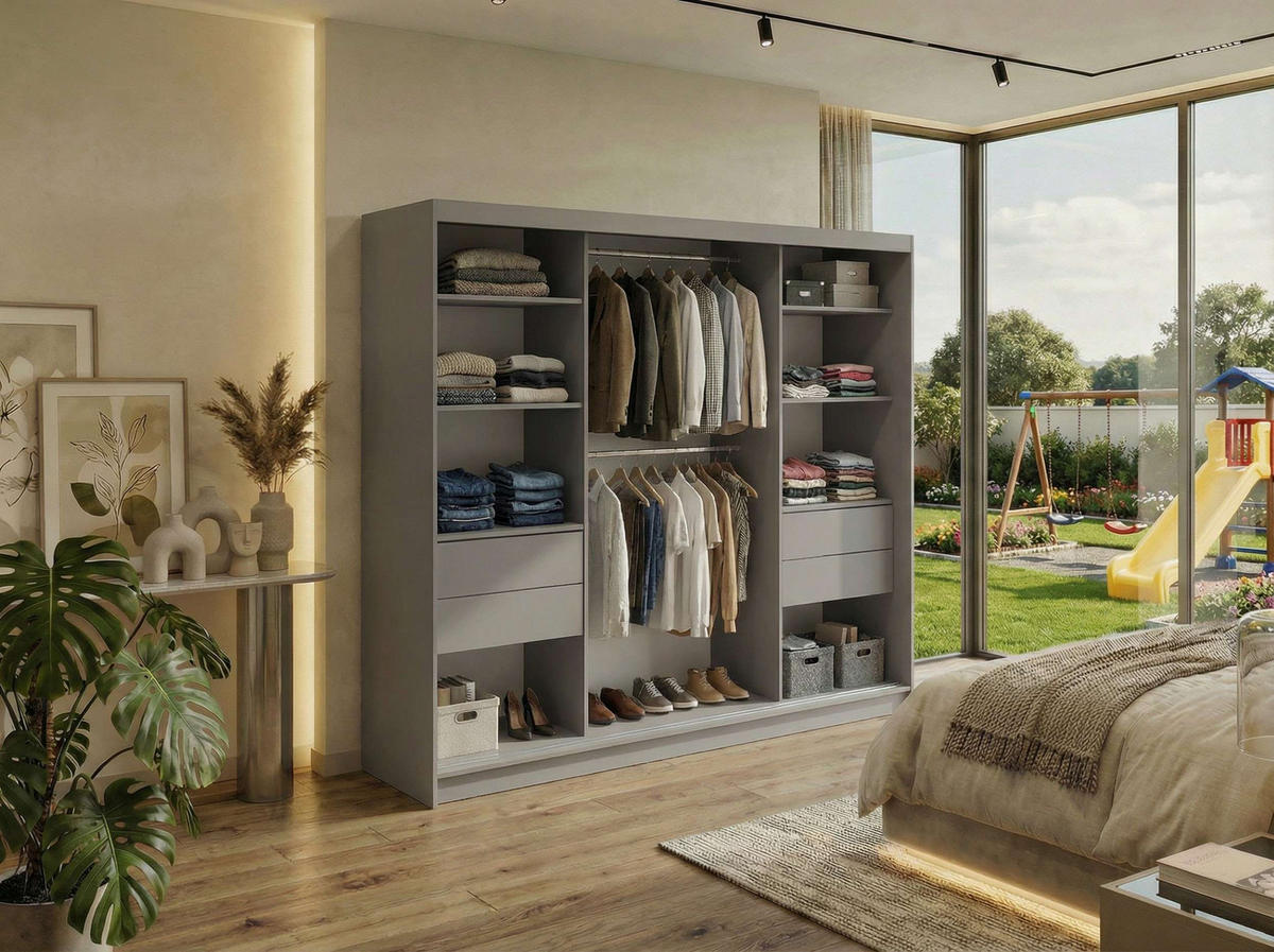 SCHWEBETÜRENSCHRANK mit Schubladen 240 - DUBROWNIK - Grau mit Spiegel - Alufarben/Grau, Holzwerkstoff/Metall (240/216/61cm) - MKS