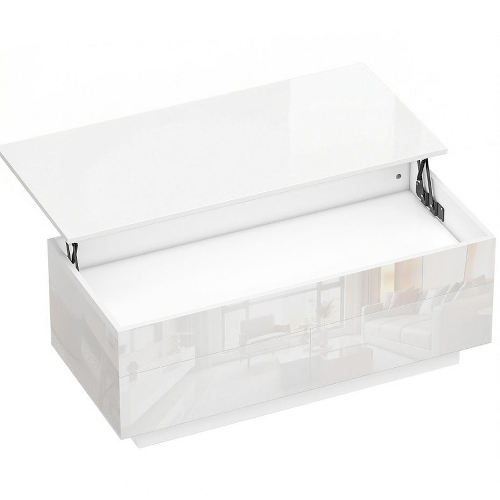 OKWISH KONFERENČNÍ stolek 102/48/40 cm lesklá bílá z dřeva a kovu se zvedací deskou a zásuvkami