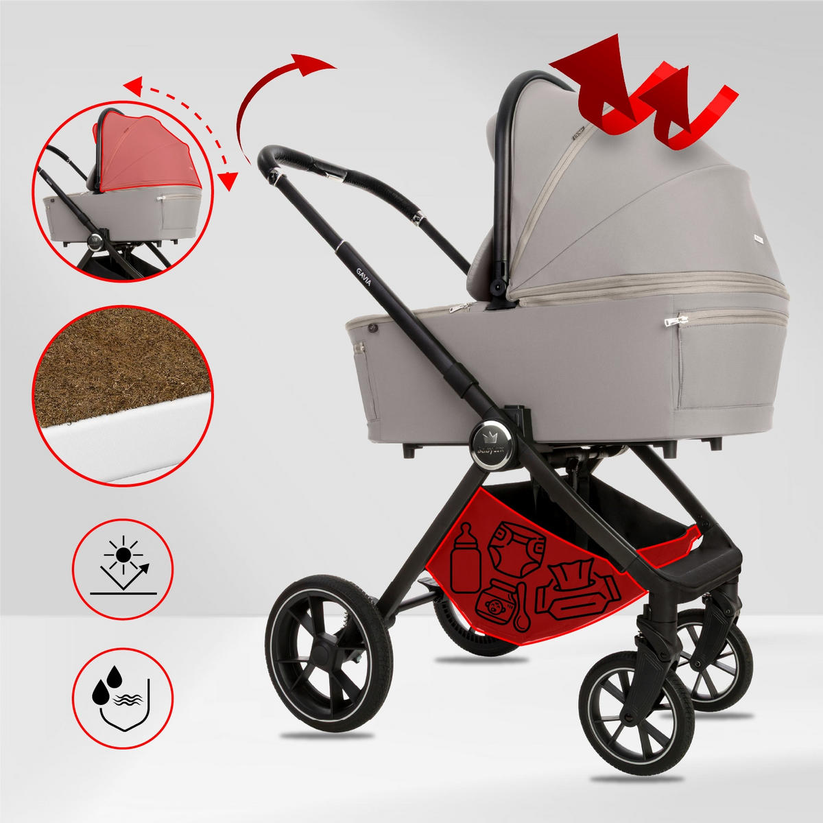 KINDERWAGEN Gavia 3in1 Grau Babywanne, Buggy Sportsitz, Babyschale I-Size - Schwarz/Grau, Textil/Metall (58/99cm) - BabyLux