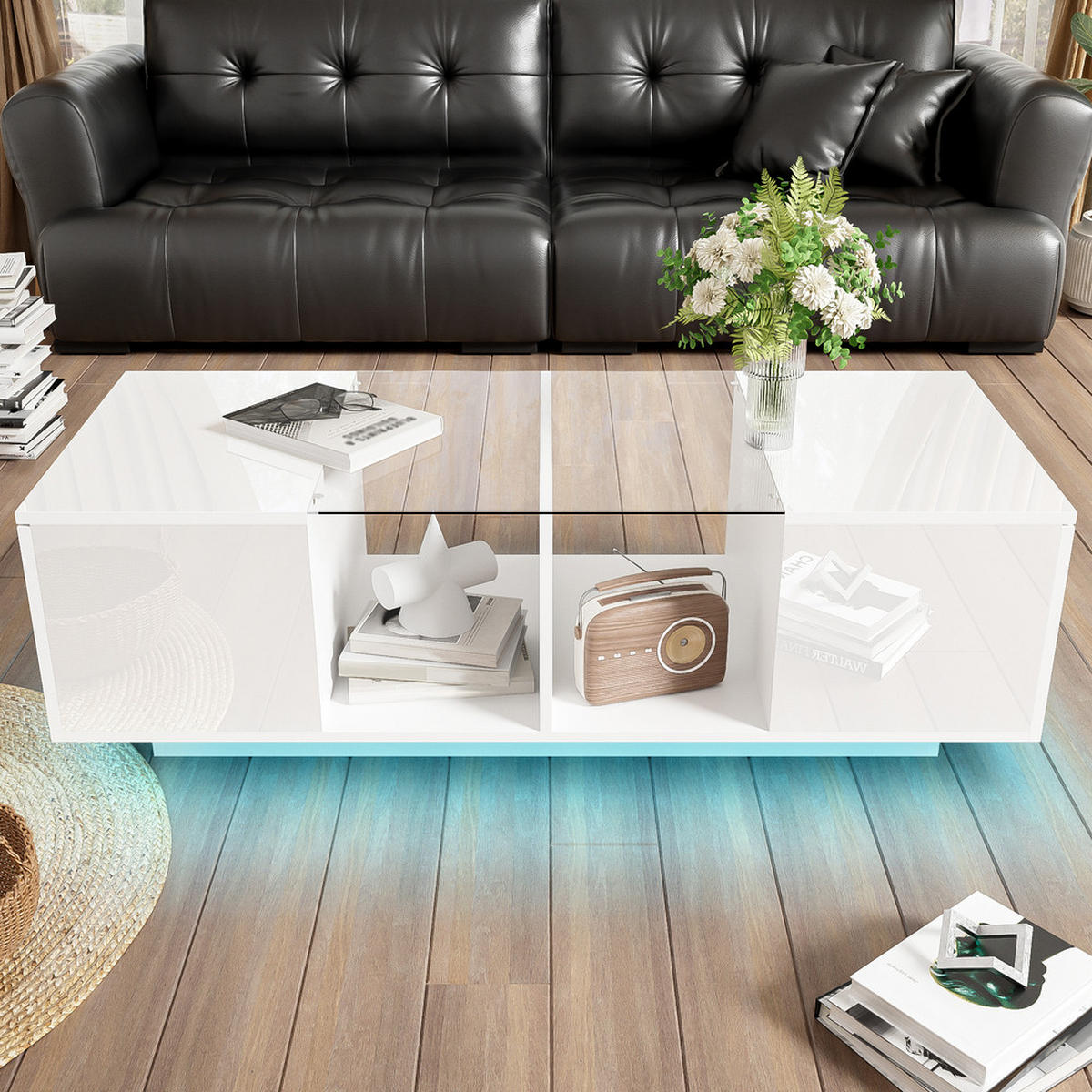 COUCHTISCH LED-Beleuchtung Hochglanz Weiß Glas & MDF 120x50cm - Weiß, Holz (129.49/59.51/14.99cm) - FLIEKS