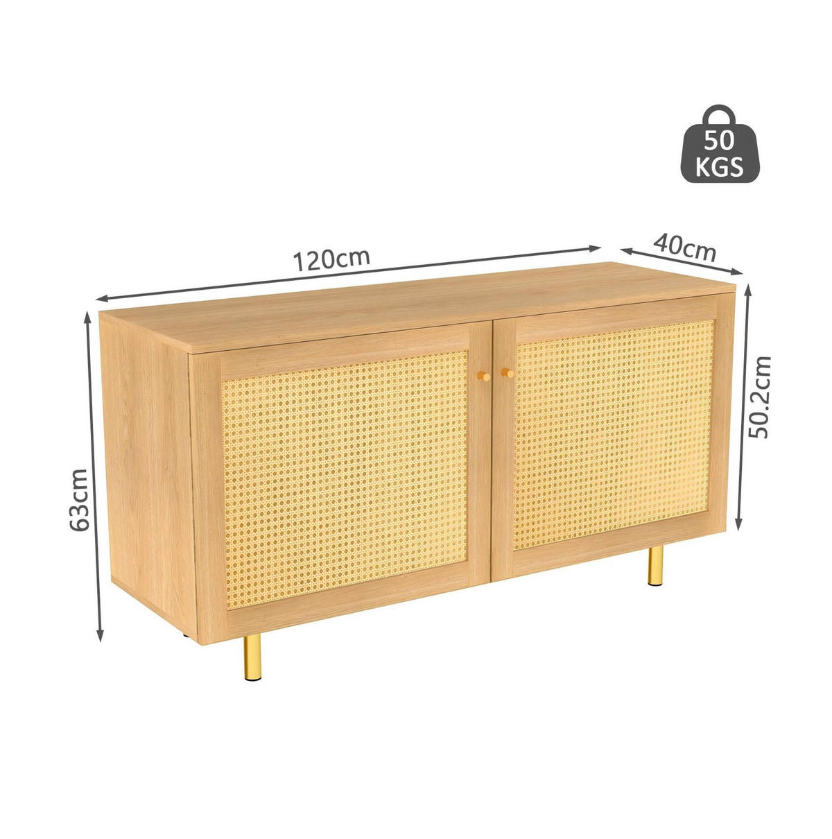 SIDEBOARD aus MDF 120x40x63 cm Natur mit Rattangeflecht und Metallbeinen - Naturfarben, Holzwerkstoff (120/63/40cm) - IVMEU