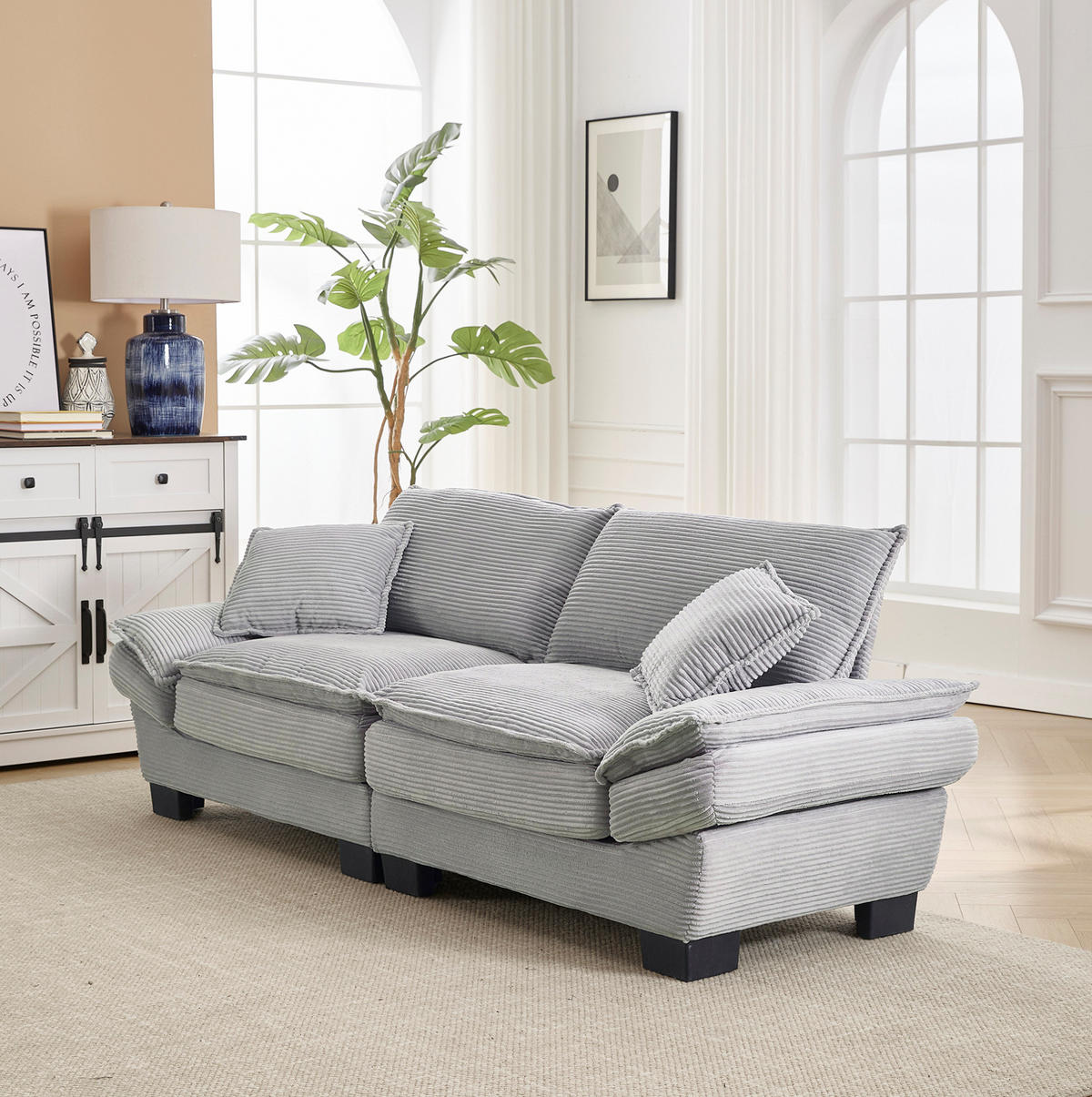 SOFA 2-Sitzer ultratiefer Sitz ca. 224 x 81 x 81 cm Samt Light Gray - Hellgrau, Kunststoff (224/81/81cm) - Meubliv