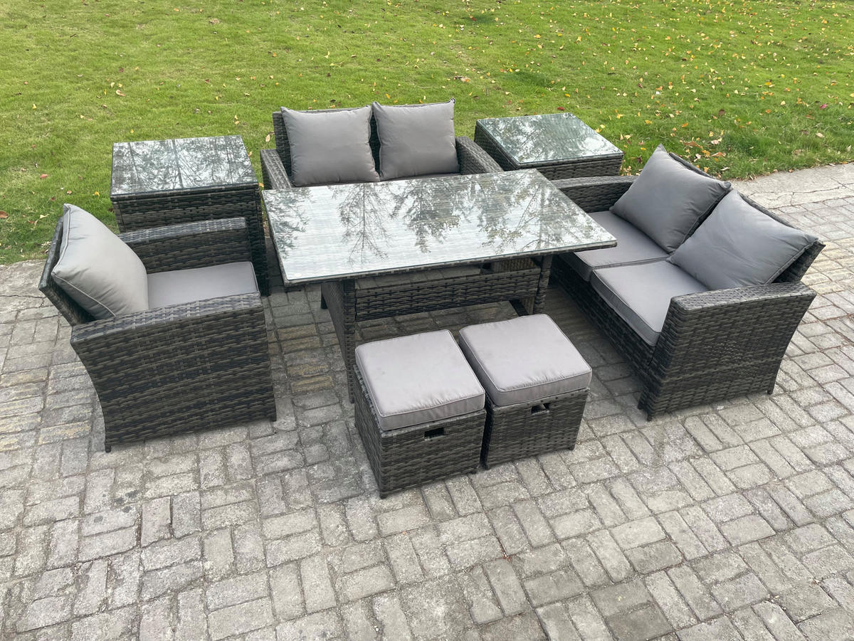BALKONMÖBEL-SETS mit 2-Sitzer Sofa,2 Hockern,Esstisch,2 Beistelltischen Polyrattan Dunkelgrau 7-Sitzer - Dunkelgrau/Grau, Glas/Kunststoff - Fimous