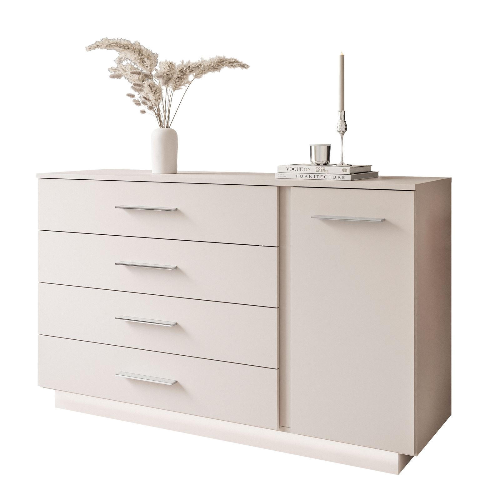 KOMMODE LINA KASCHMIR II 1D4S mit LED-Beleuchtung Griffe Silberchrom - Kaschmir/Silberfarben, Holzwerkstoff (138/84/40cm) - Lookway