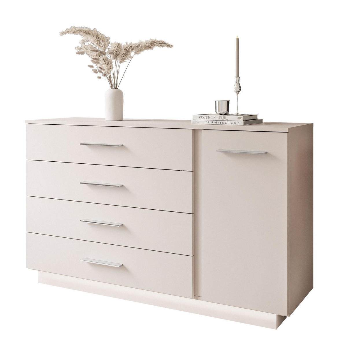 KOMMODE LINA KASCHMIR II 1D4S mit LED-Beleuchtung Griffe Silberchrom - Kaschmir/Silberfarben, Holzwerkstoff (138/84/40cm) - Lookway
