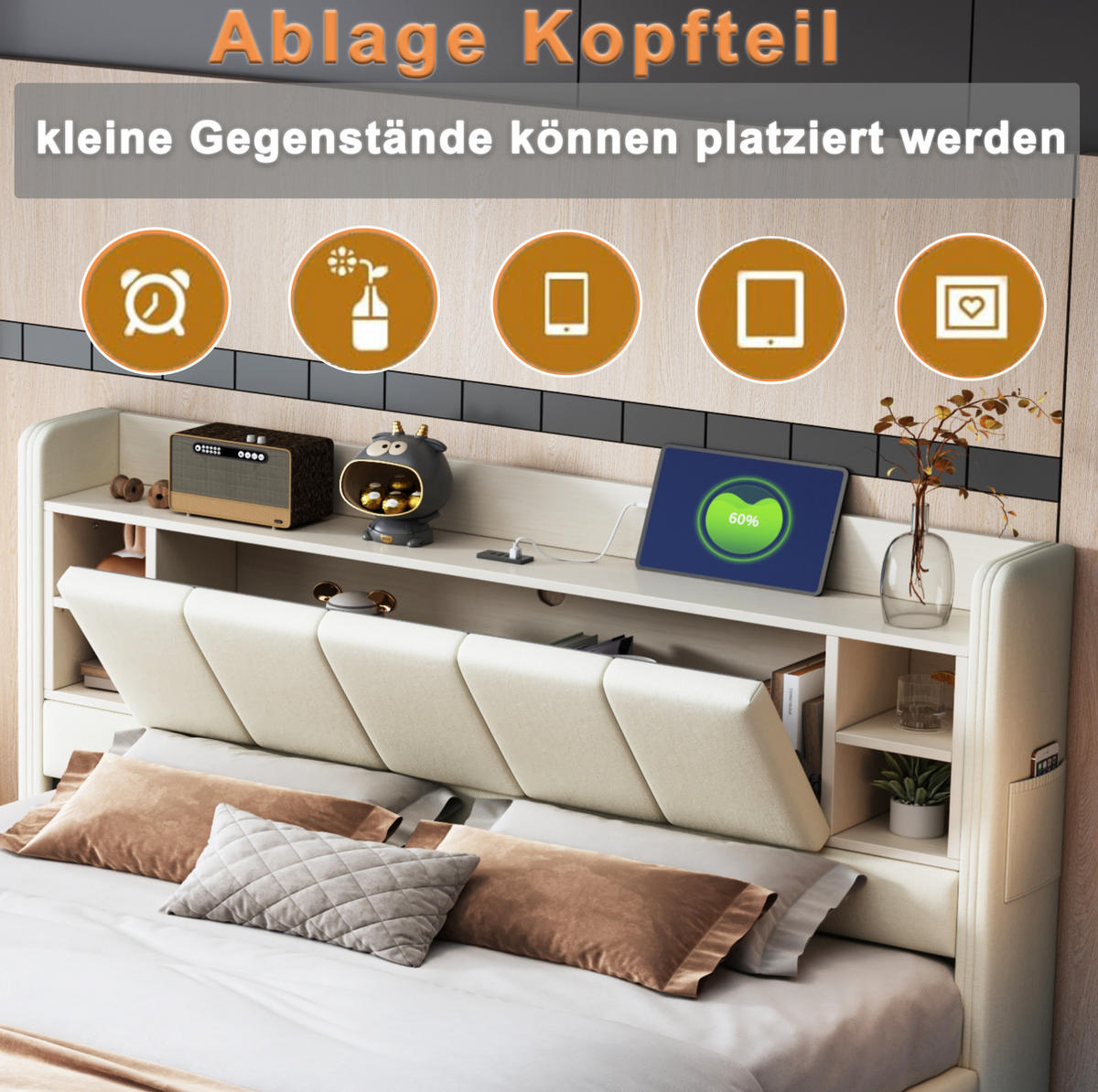 POLSTERBETT 160/200 cm Beige aus Leinenstoff mit LED-Lichtleiste und USB-Anschluss - Beige, Textil (160/200cm) - OKMYHOME