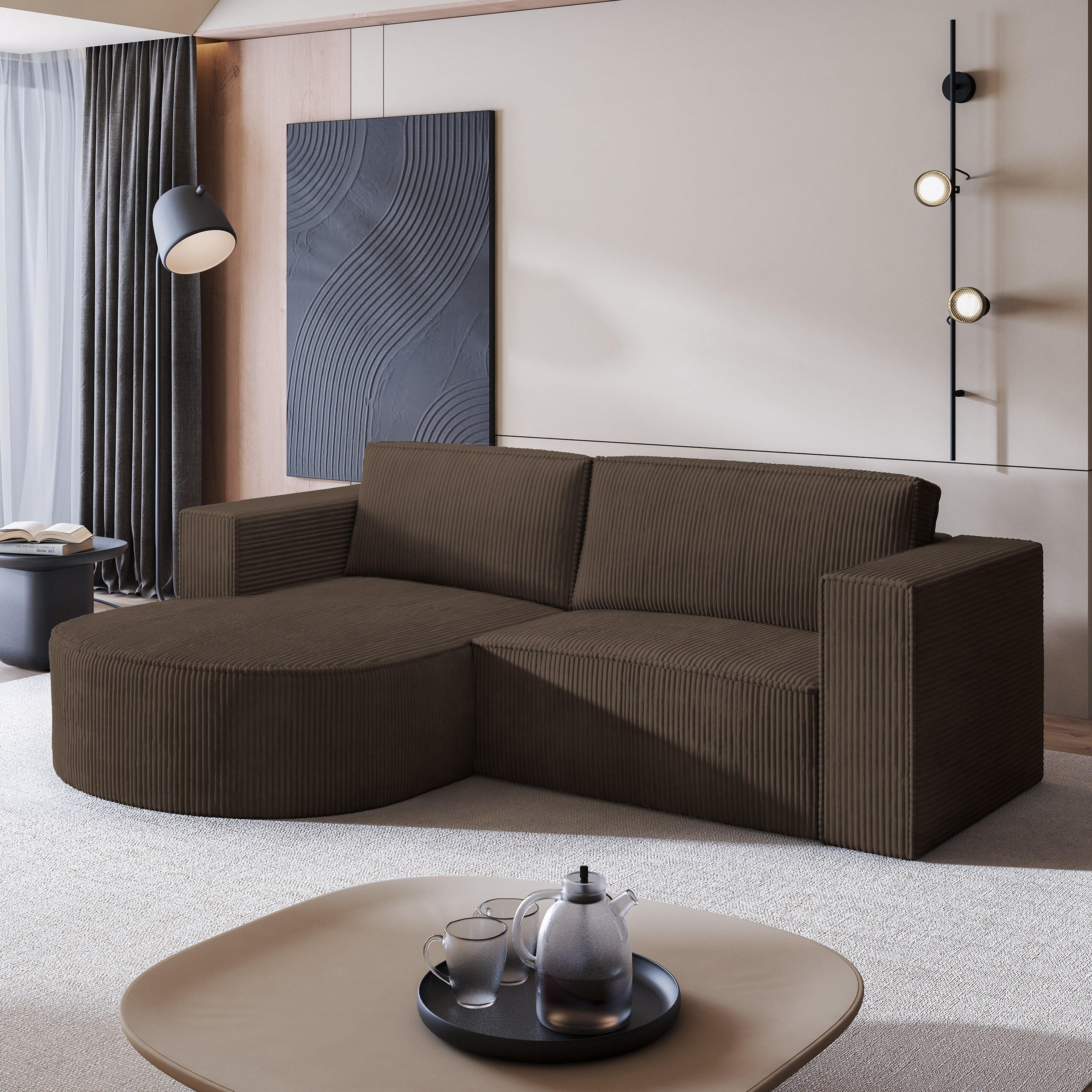 ECKSOFA SORELA P L-S Braun Kordstoff mit Schlaffunktion - Braun, Holz (263/174cm) - MASSENO