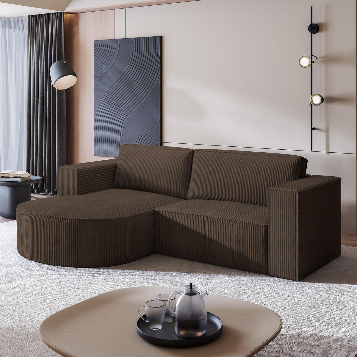 ECKSOFA SORELA P L-S Braun Kordstoff mit Schlaffunktion - Braun, Holz (263/174cm) - MASSENO