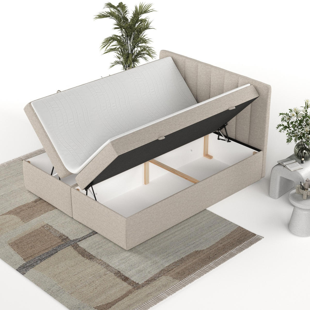 BOXBETT Amaro 140/200 cm Hellbeige im Megan Stoff - Sandfarben/Schwarz, Holz/Holzwerkstoff (140/200cm) - AltaBeds