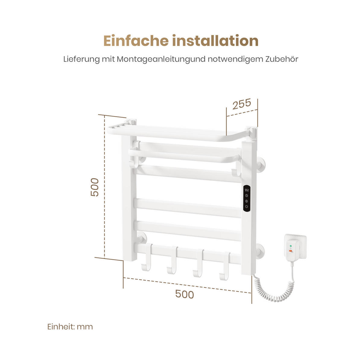 HEIZKÖRPER Elektrischer Handtuchhalter mit Ablage Weiß 50/50/4,3 cm - Weiß, Metall (50/50/25cm) - EMKE