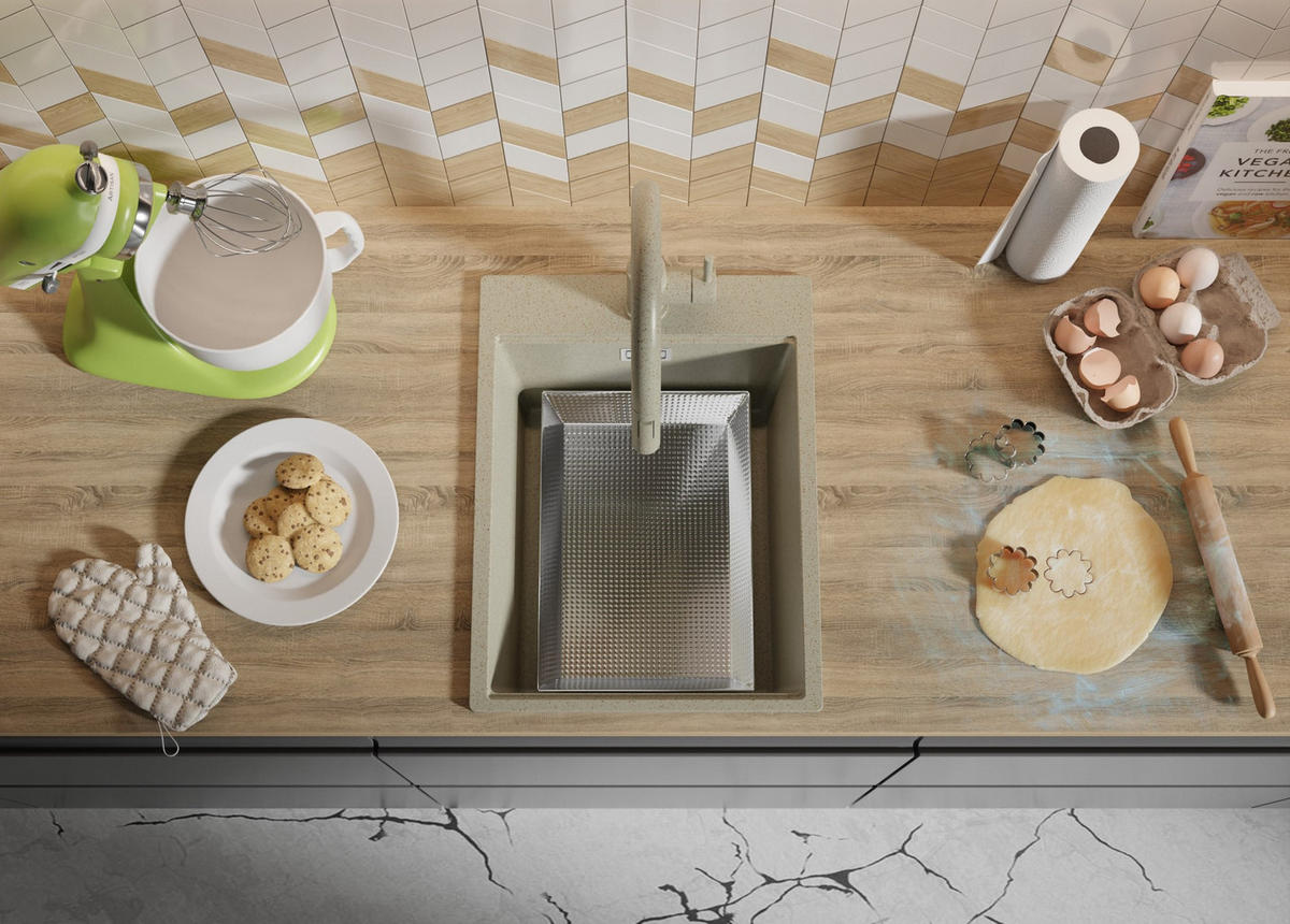 SPÜLBECKEN Oslo, 2-er set Beige 38/50 cm 1 Becken + Ablauf-Set + Schneidebrett ab 40er Unterschrank - Beige, Kunststoff (38/20/50cm) - Primagran