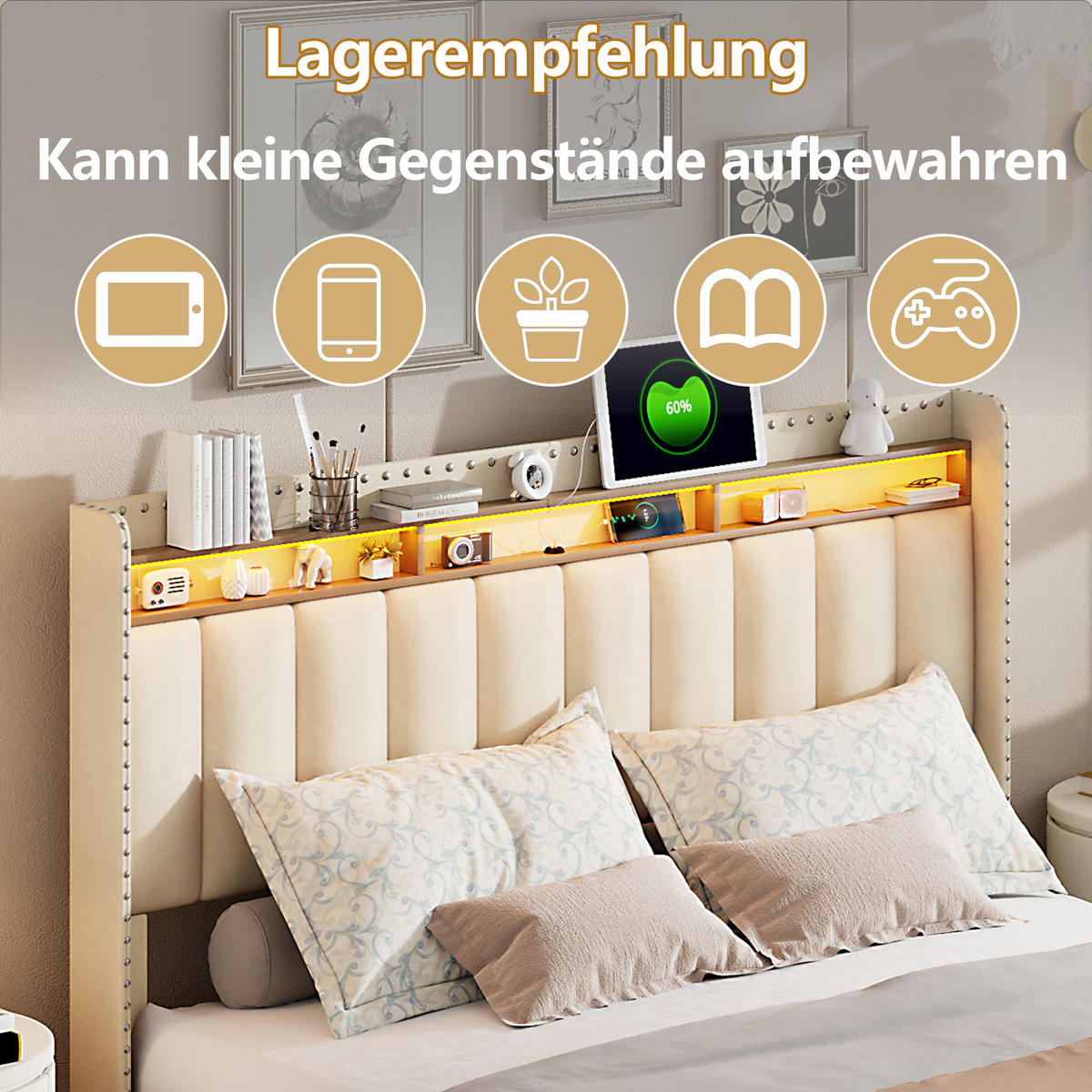 POLSTERBETT 140x200 cm, Beige, Boxspringbett mit Stauraum, 2 USB, LED - Beige, Textil/Metall (140/200cm)