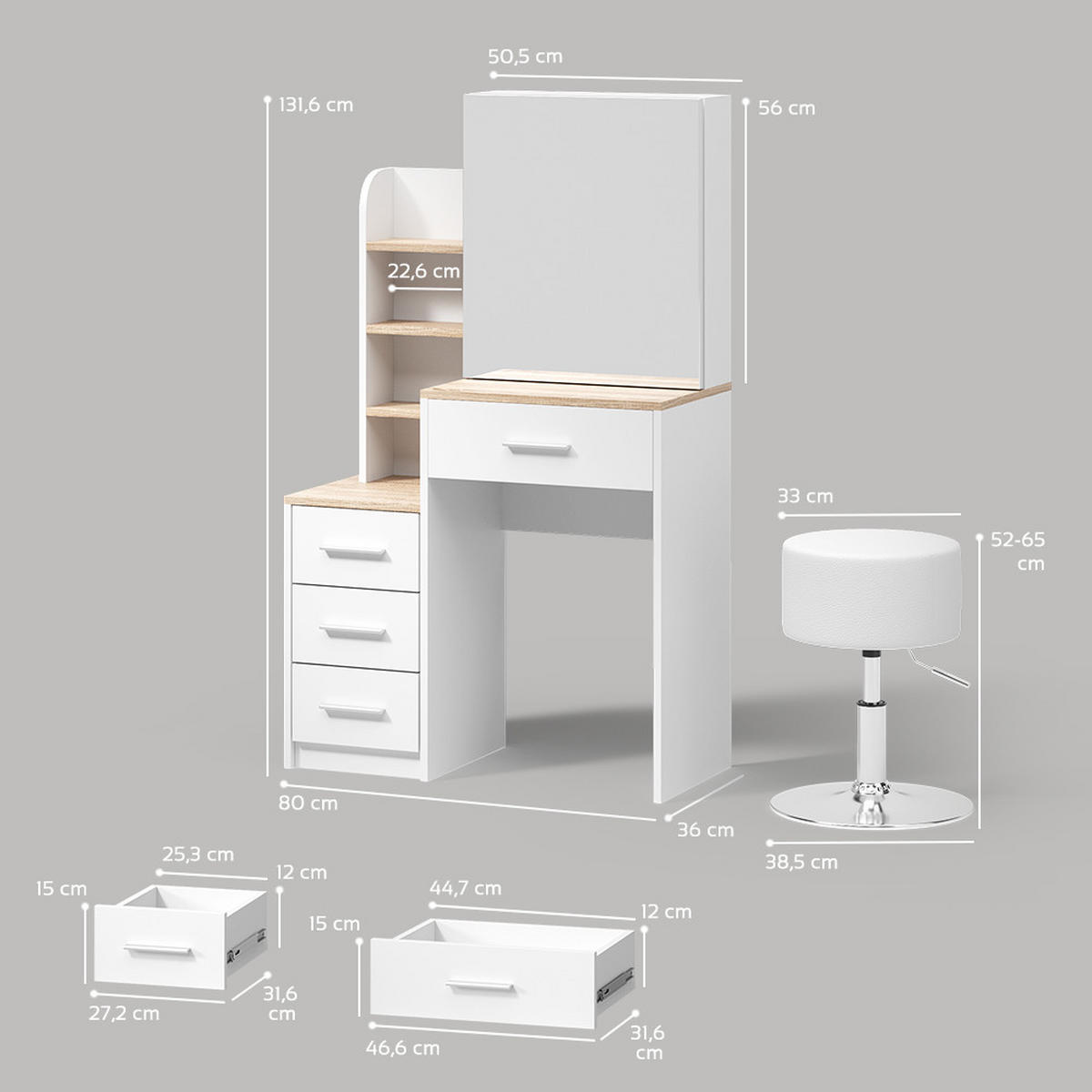 SCHMINKTISCH Loreta Weiß/Sonoma 80 cm mit Hocker - Weiß/Sonoma Eiche, Holzwerkstoff (80/131.6/36cm) - Livinity®