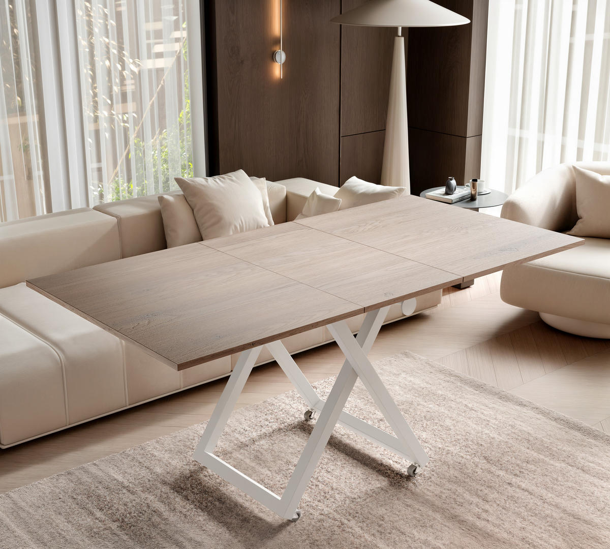 COUCHTISCH ARIA 120-160/80 cm, Höhenverstellbar, Weiß / Cremona Cannolo (Cremefarben) - Creme/Weiß, Holzwerkstoff/Metall (120/80/38cm) - Idohome