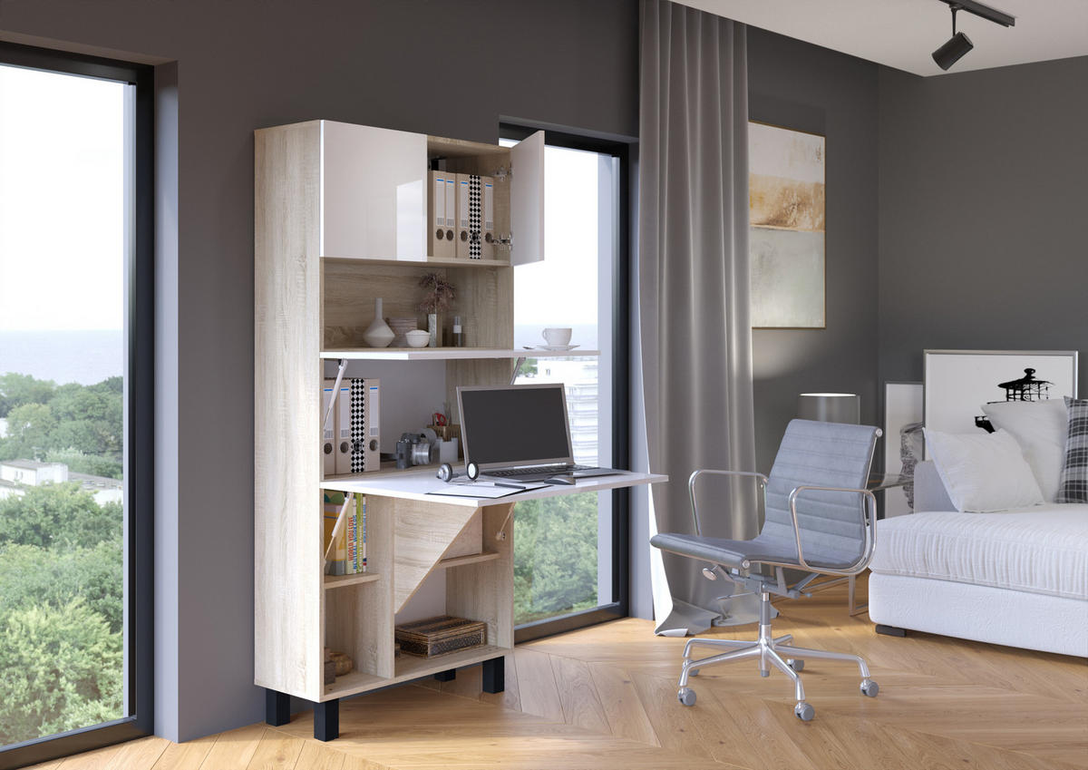 SCHREIBTISCH Sonoma Eiche, Weiß Hochglanz 80/175/92 - Weiß Hochglanz/Sonoma Eiche, Holzwerkstoff (90/50/175cm) - RAUMHIRSCH FURNITURE
