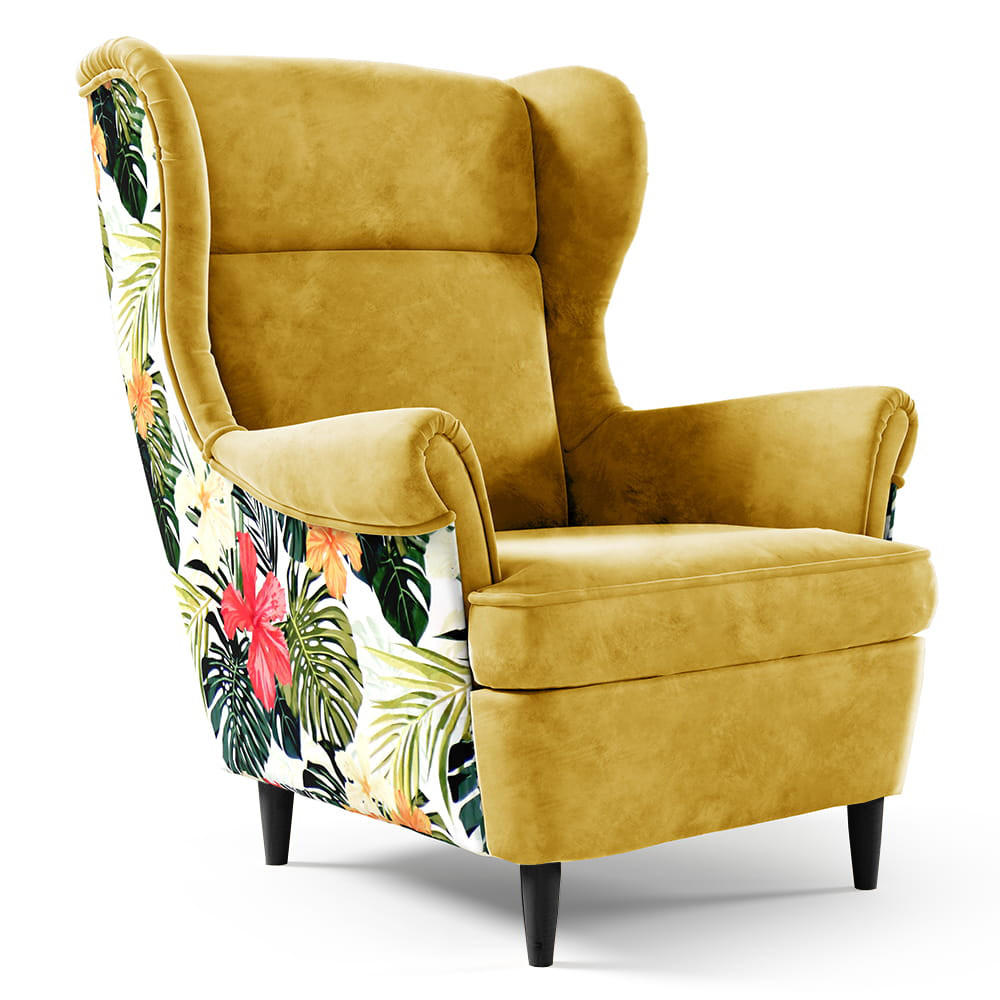 OHRENSESSEL Havana im skandinavischen Stil, Gelb, mit Beinen in Wengefarbe - Wengefarben/Gelb, Holzwerkstoff (82/102/92cm) - Beautysofa