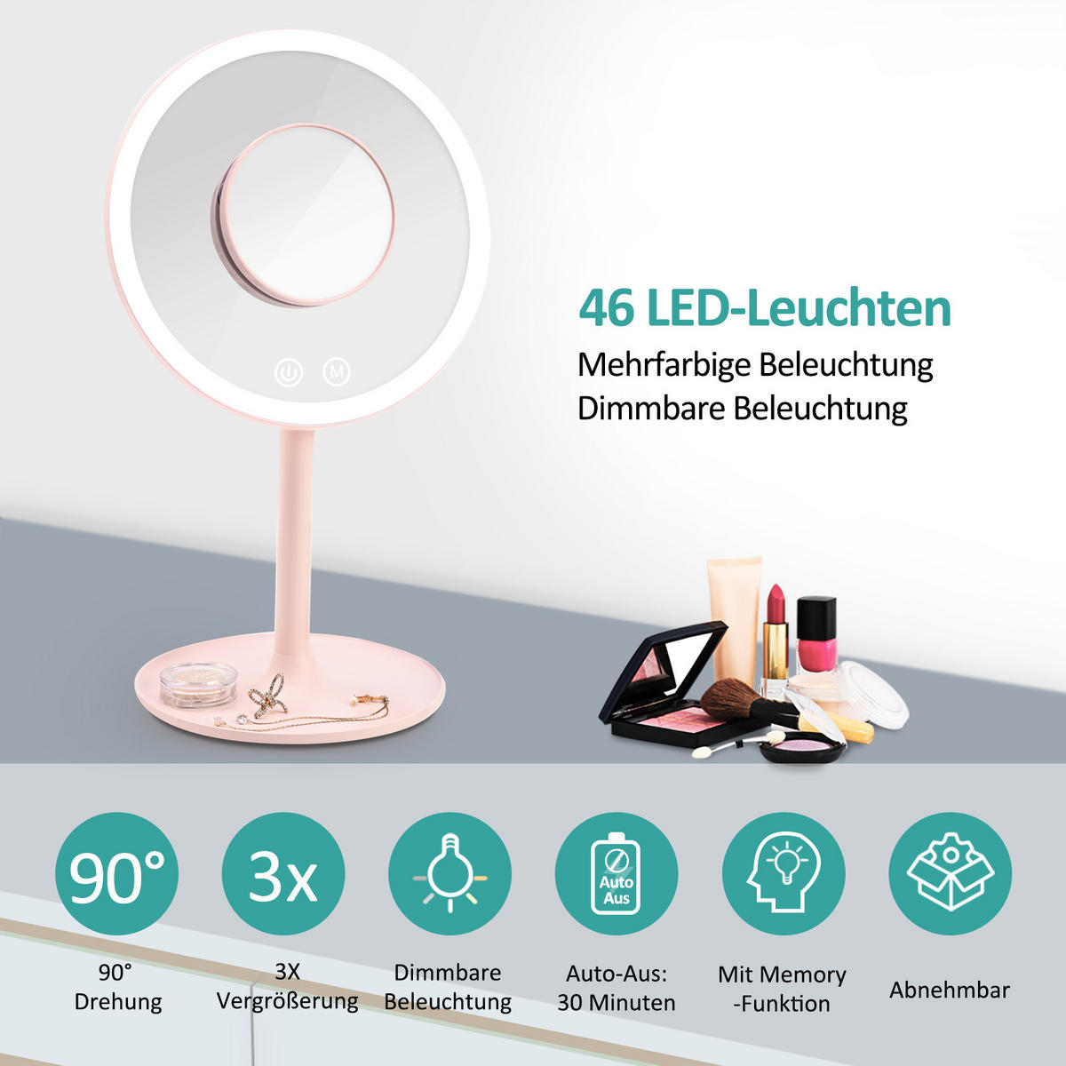 KOSMETIKSPIEGEL mit Licht mit Abnehmbare Saugnapfes, Rosa, φ20 cm - Pink, Glas (20/35/20cm) - EMKE