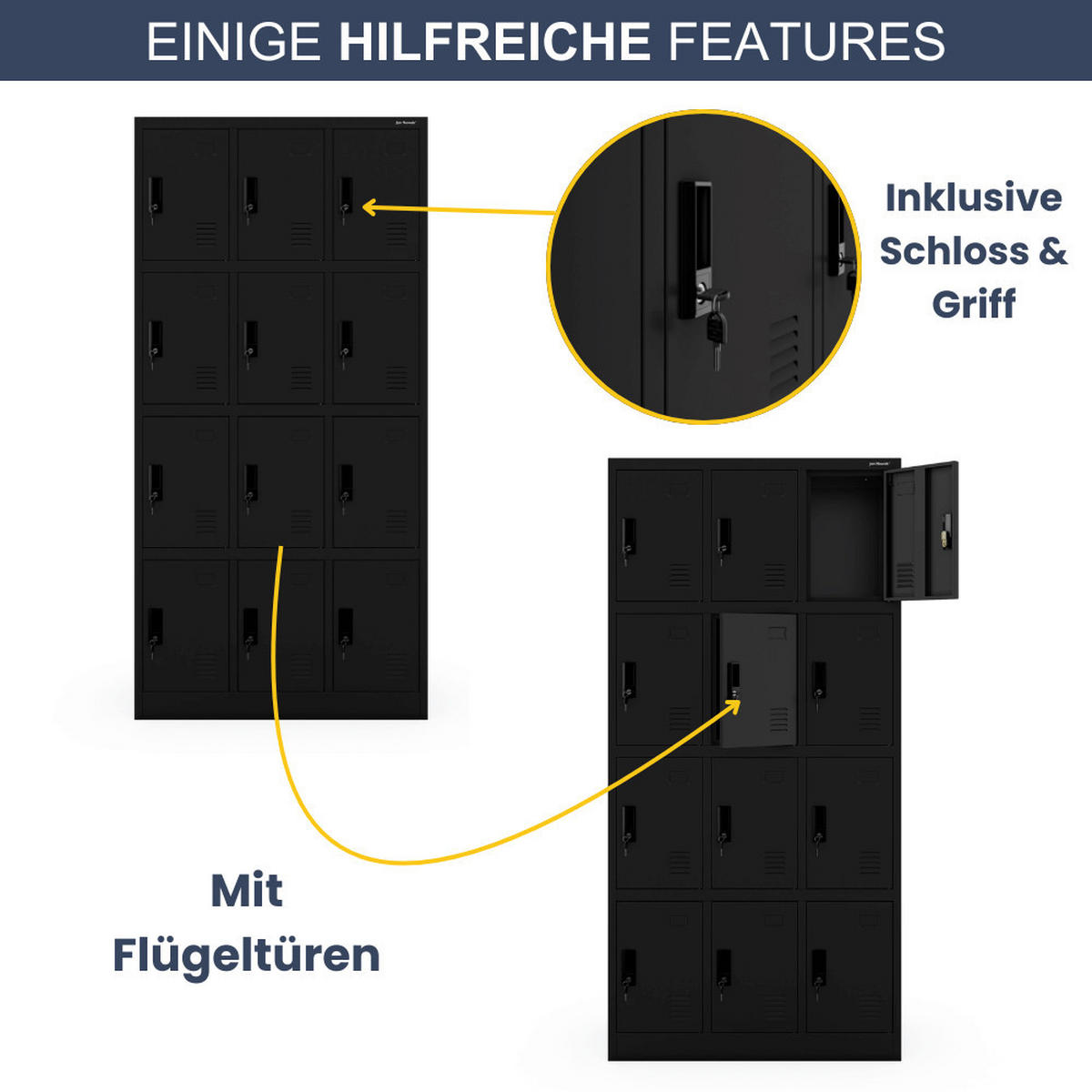 SCHLIESSFACHSCHRANK Spind BERN 12 Fächer185x90x40cm Schwarz - Schwarz, Metall (90/185/40cm) - DELUKE