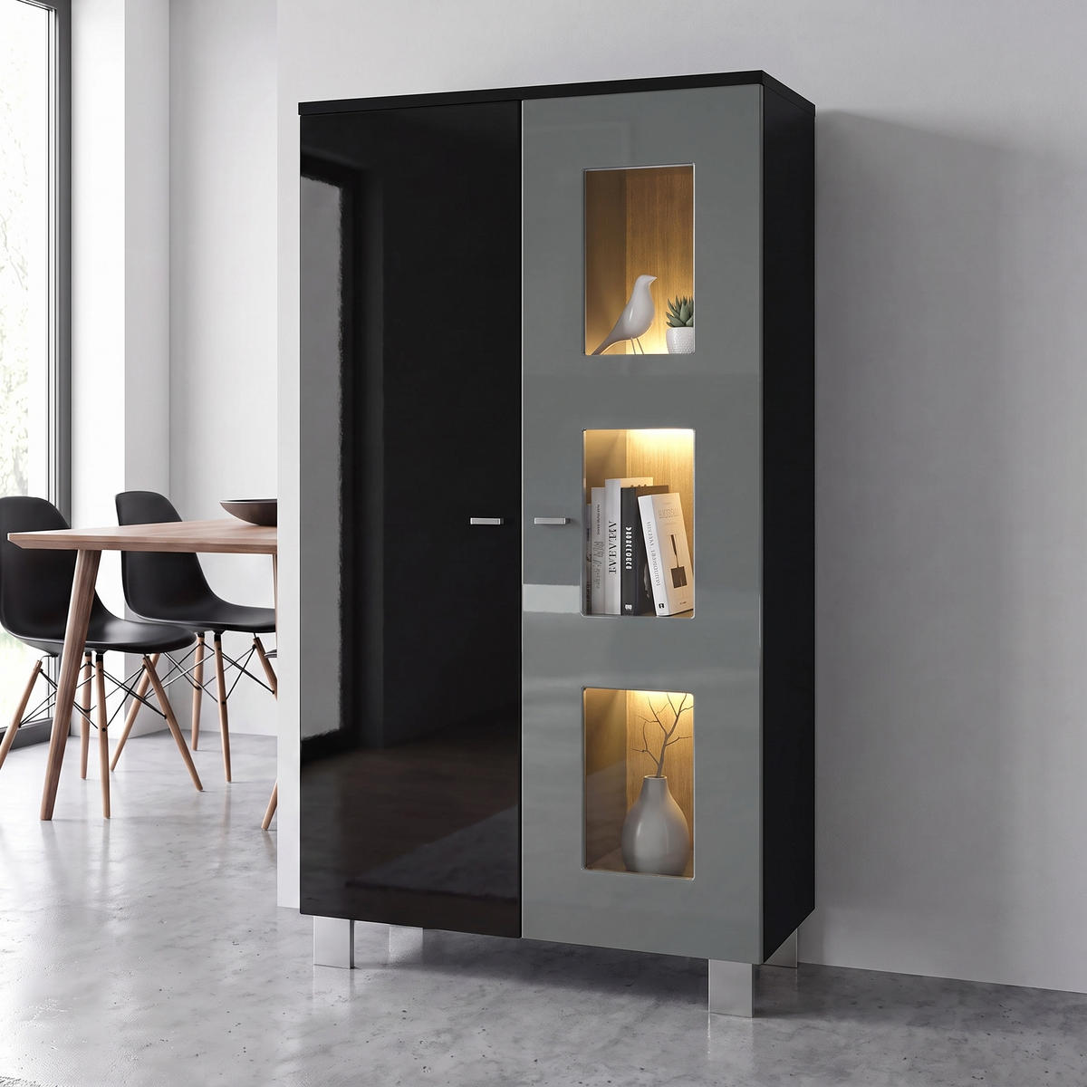 VITRINE Denjo Tür in Grau Hochglanz - Grau, Holzwerkstoff (71/129/35cm) - Vladon