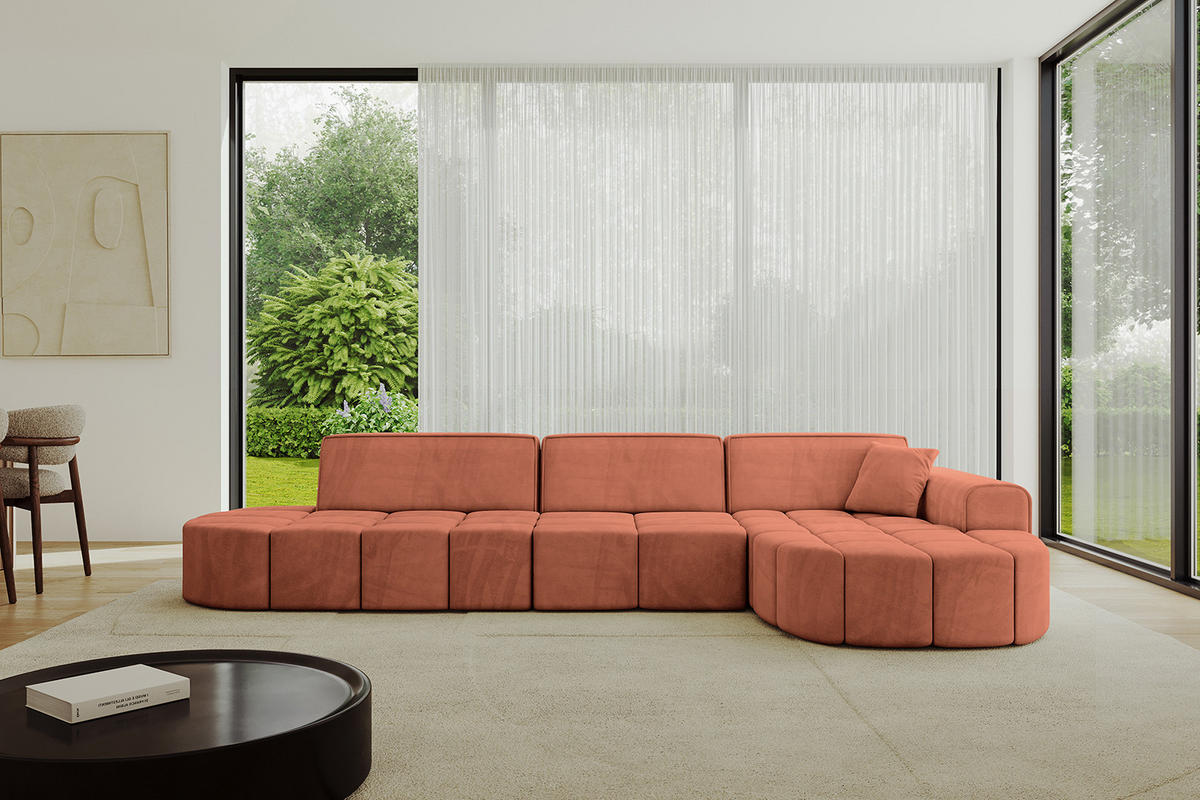 ECKSOFA Ottomane Rechts LIVO-L2 - 337x173x79,5 cm Apricot - Koralle, Holzwerkstoff/Textil (337/173cm) - ALTDECOR