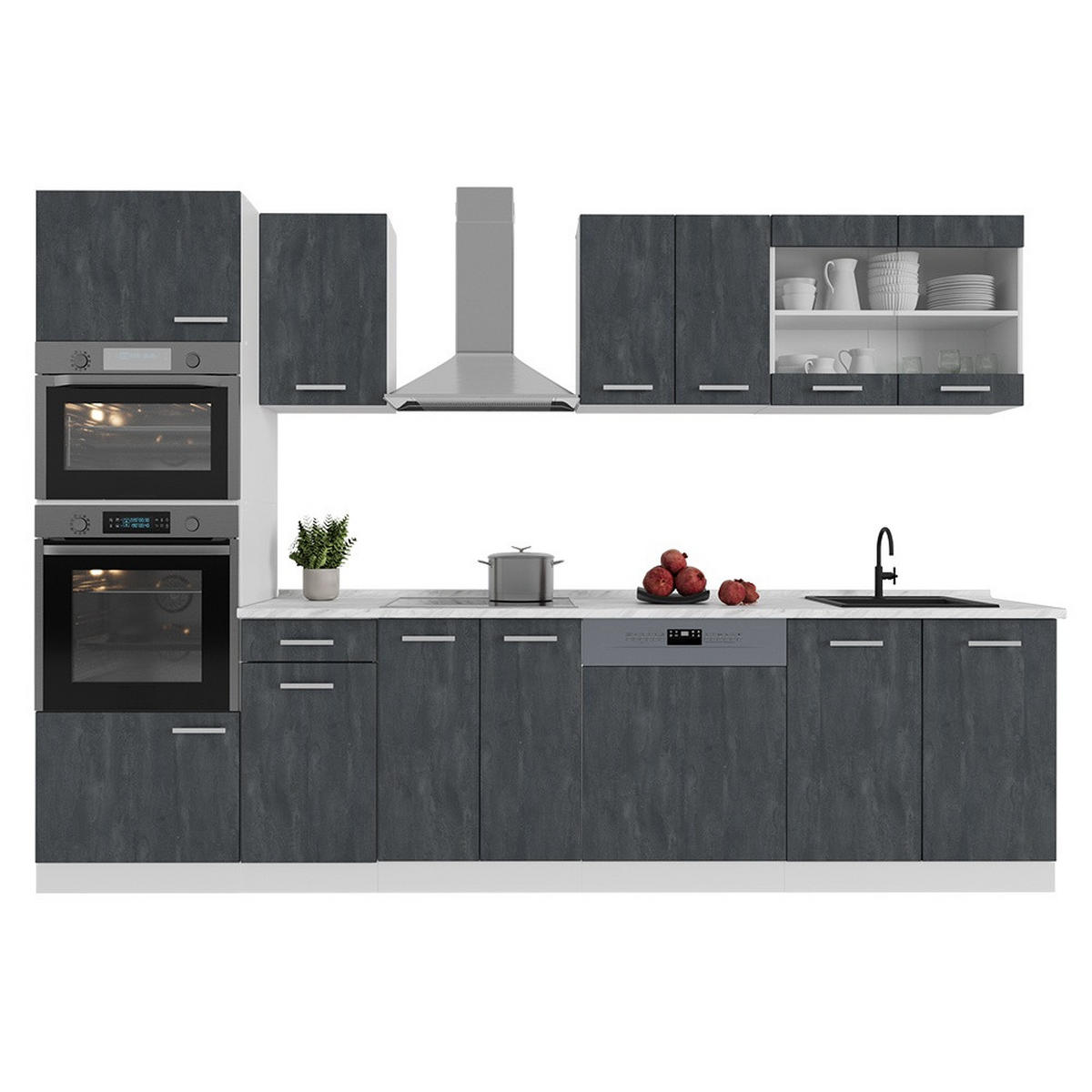 KÜCHENZEILE R-Line Schwarz Beton 300 cm ohne Arbeitsplatte - Schwarz/Weiß, Holzwerkstoff (300/206.8/46cm) - Vicco