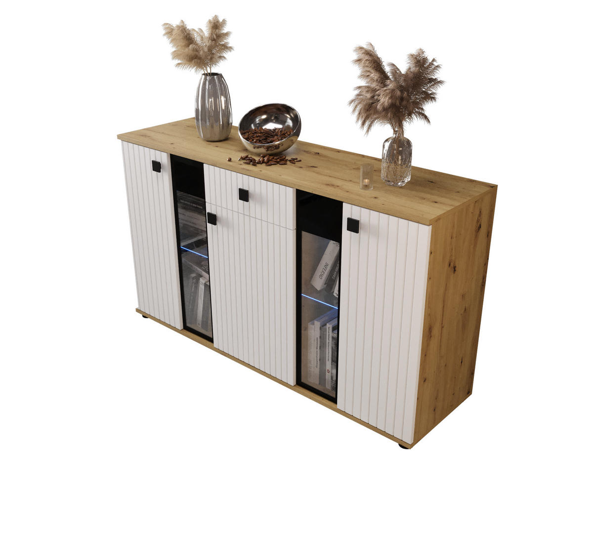 KOMMODE London LSMK LAMELE mit 3 Türen, Sideboard in Farbe: Weiß|Braun, Größe: 140 x 80 x 40 cm - Weiß/Braun, Holzwerkstoff (140/80/40cm) - O-Sofa