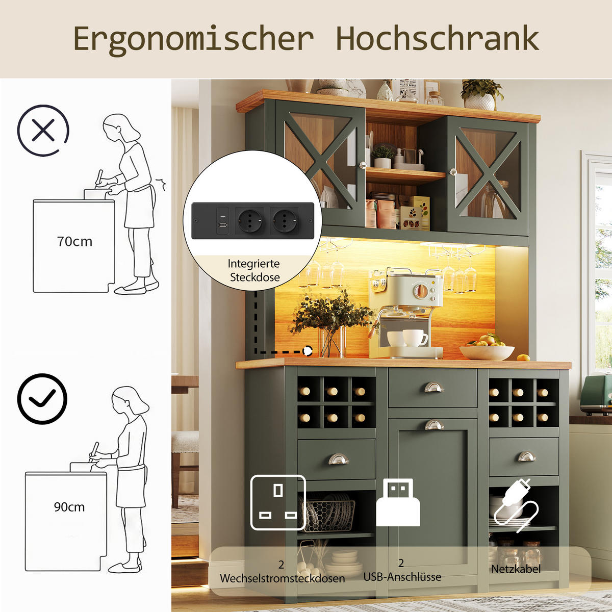 BUFFET 120/45/188 cm antikgrün aus MDF und Glas mit LED - Dunkelgrün, Holzwerkstoff (120/188/45cm) - OKWISH