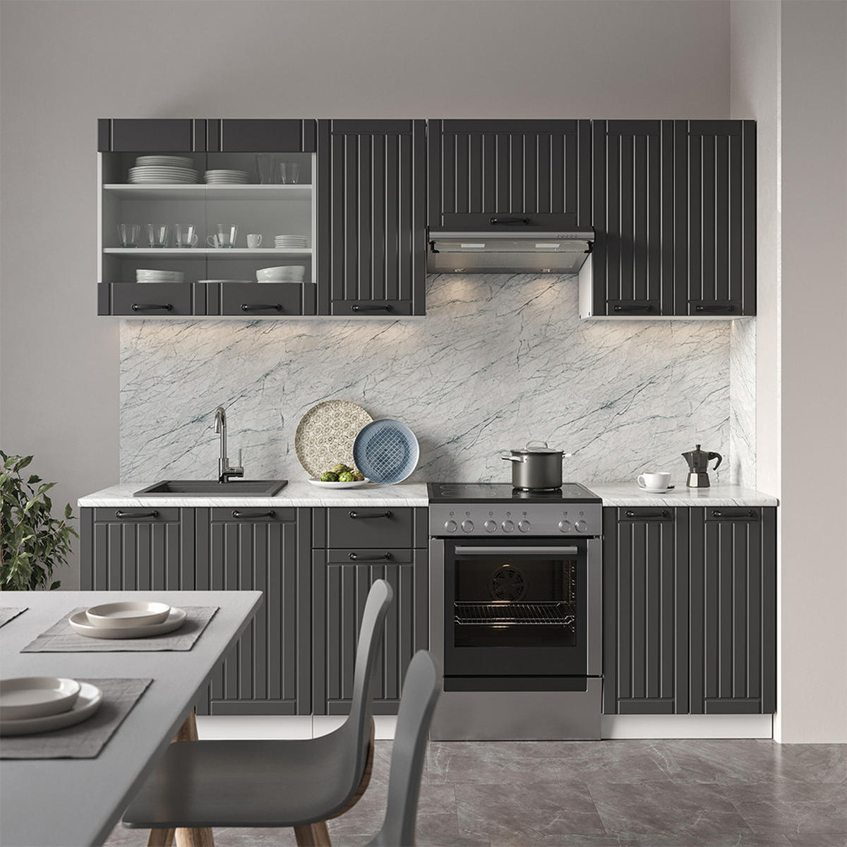 KÜCHENZEILE Fame-Line Anthrazit Landhaus/Weiß 240 cm, AP Eiche - Dunkelgrau/Weiß, Holzwerkstoff (240/81.6/60cm) - Vicco