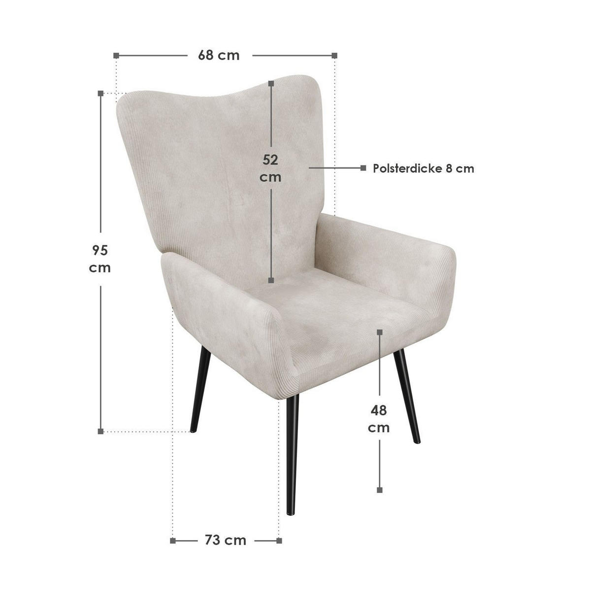 OHRENSESSEL Odense Cord Beige - Beige, Textil (68/95/73cm) - Juskys