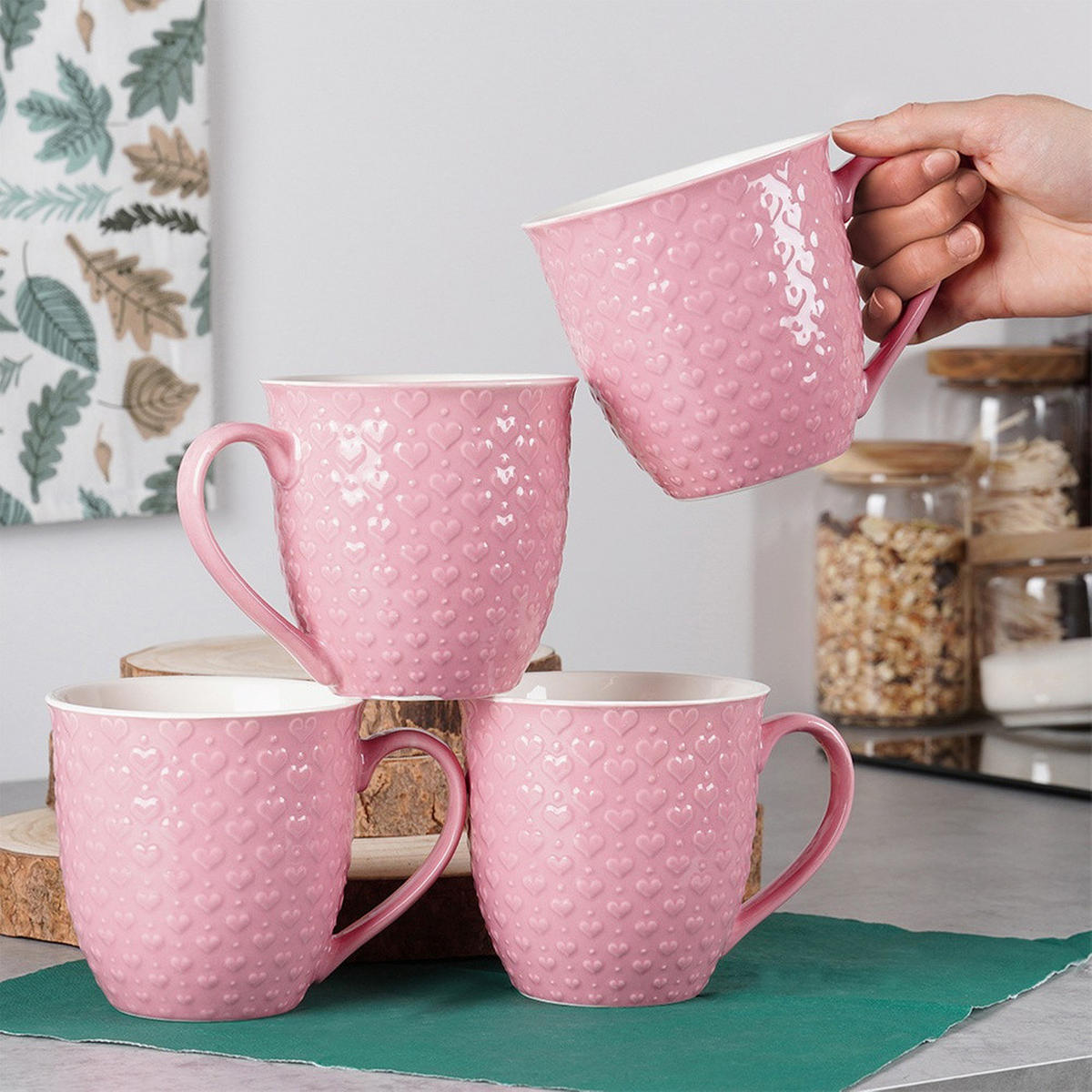 KERAMIKBECHER-SET HERZ, Keramik, rosa, 4 Stk., 580 ml - Weiß, Keramik (0.58L) - Orion 