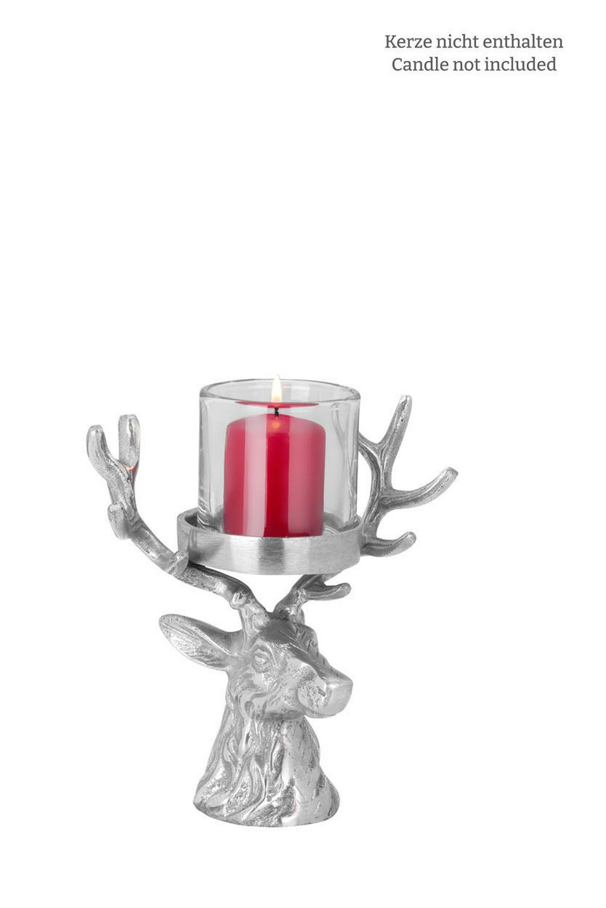 WINDLICHT Hirschkopf Aluminium H 21 cm, Glas Ø 7,5 cm - Silberfarben, Paraffin (16/10/21cm) - Hermann Bauer jun. Kollektion GmbH
