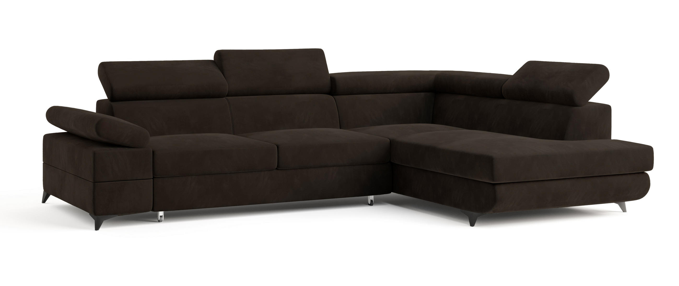 ECKSOFA FAVIEN R-S Braun Velours-Stoff mit Schlaffunktion - Braun, Holz (257/190cm) - MASSENO