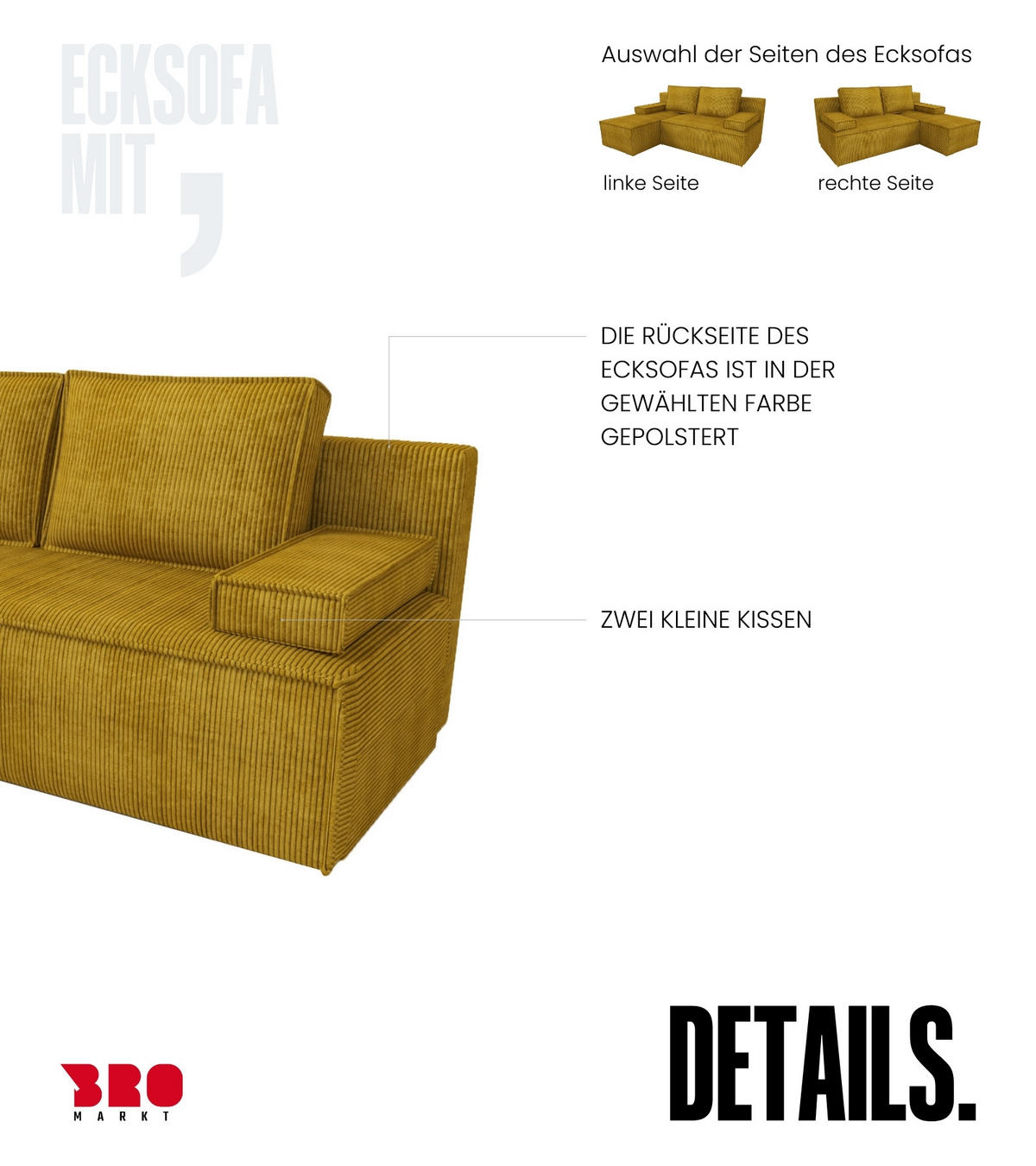 ECKSOFA Caspar mit Schlaffunktion Gelb Cord - Gelb, Textil (200/141cm) - Bromarkt