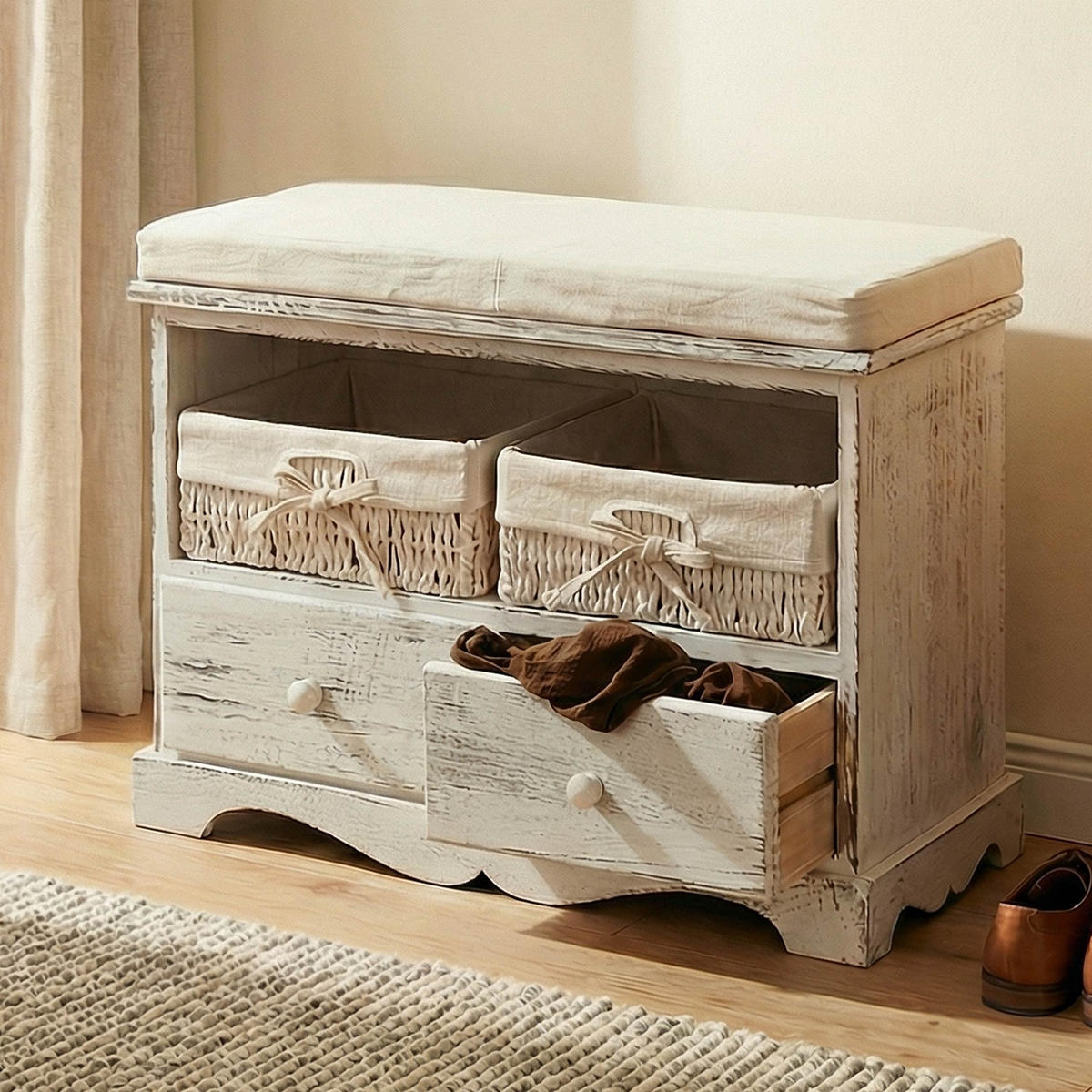 SITZBANK 2 KöRBE SHABBY-LOOK Cremeweiß - Weiß, Holz (62/42/33cm) - MCW